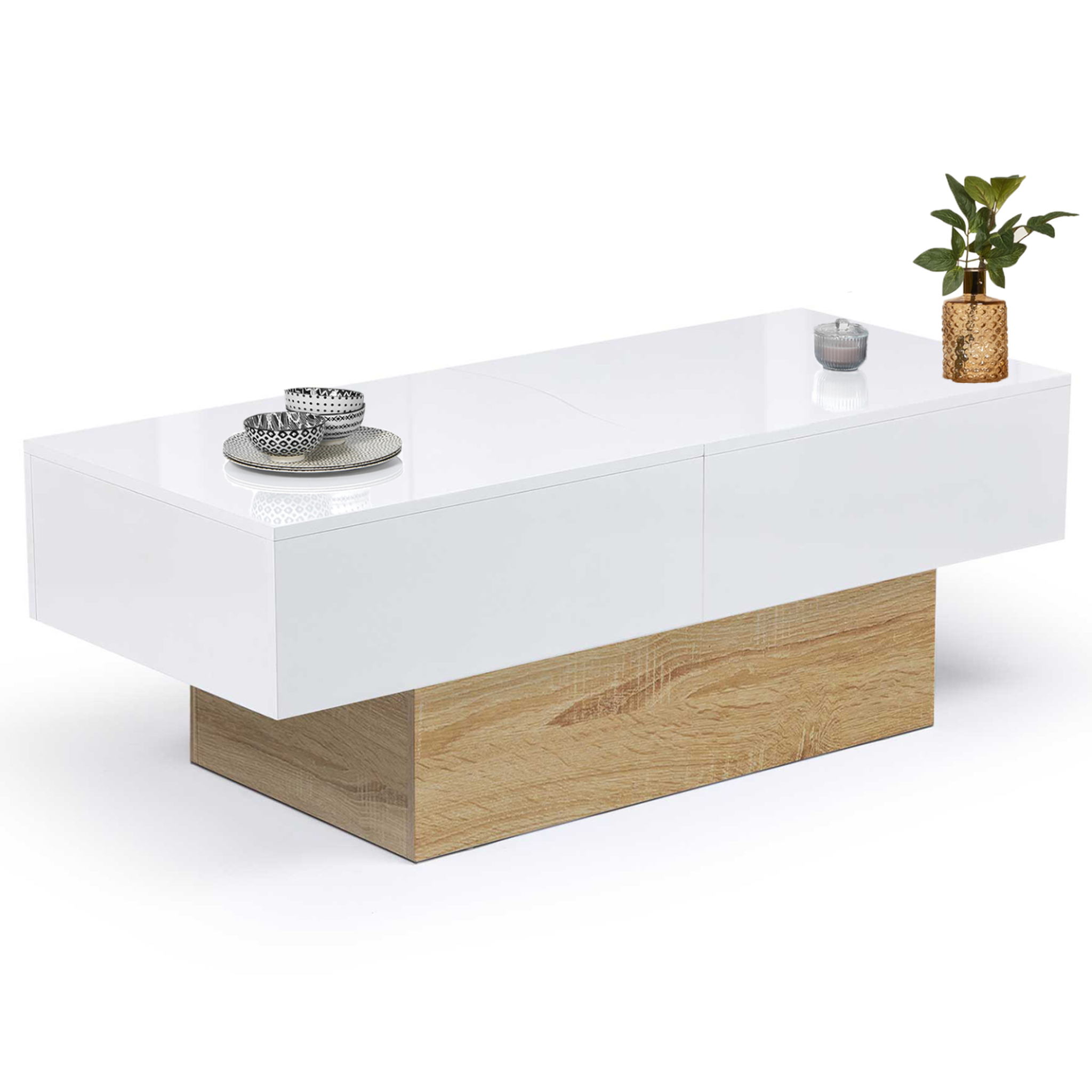 Voir la diapositive 4 : ID MARKET Table basse coulissante rectangulaire marta bois imitation hêtre et blanc