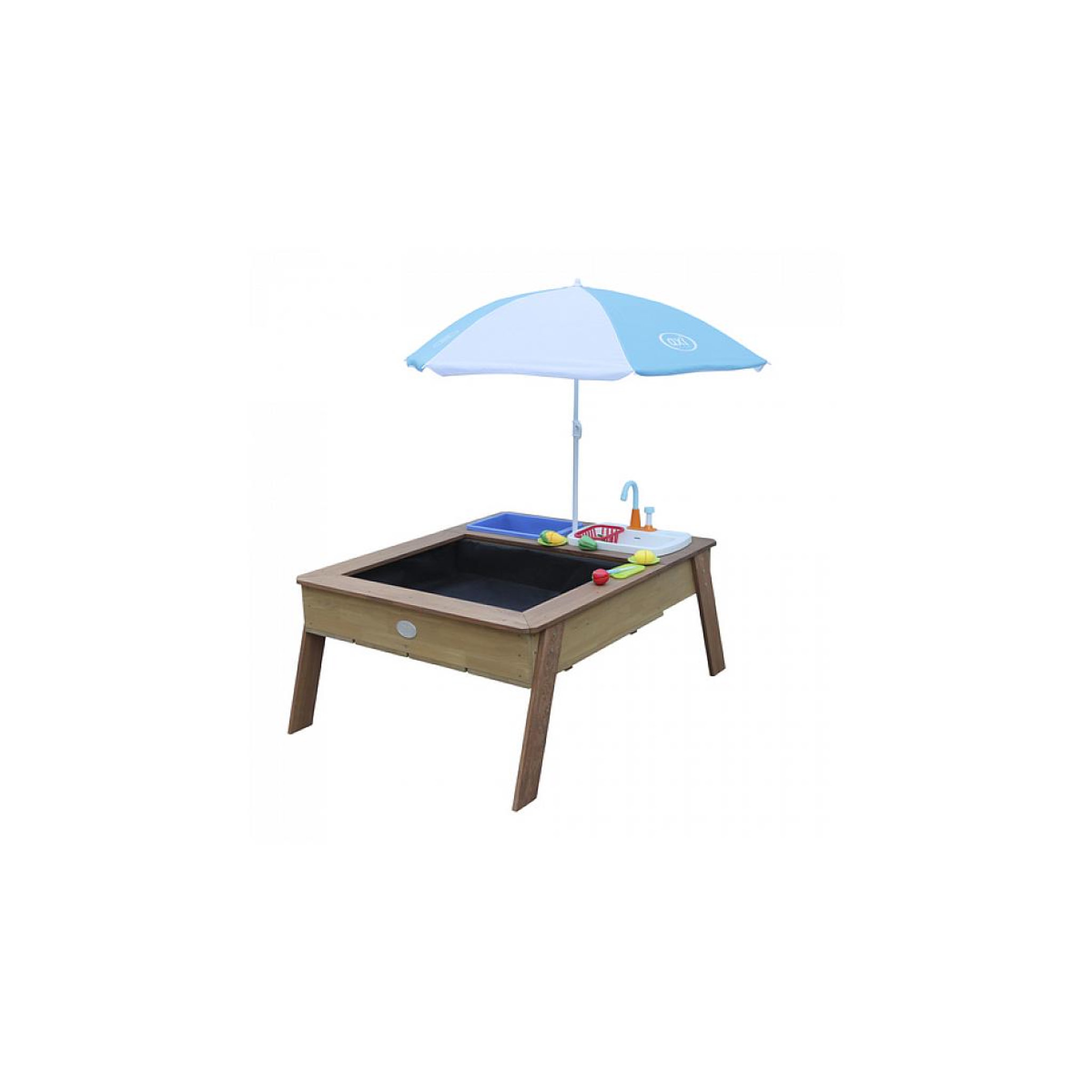 Axi House AXI Linda Table sable et eau avec Cuisine et evier Marron Parasol Bleu Blanc