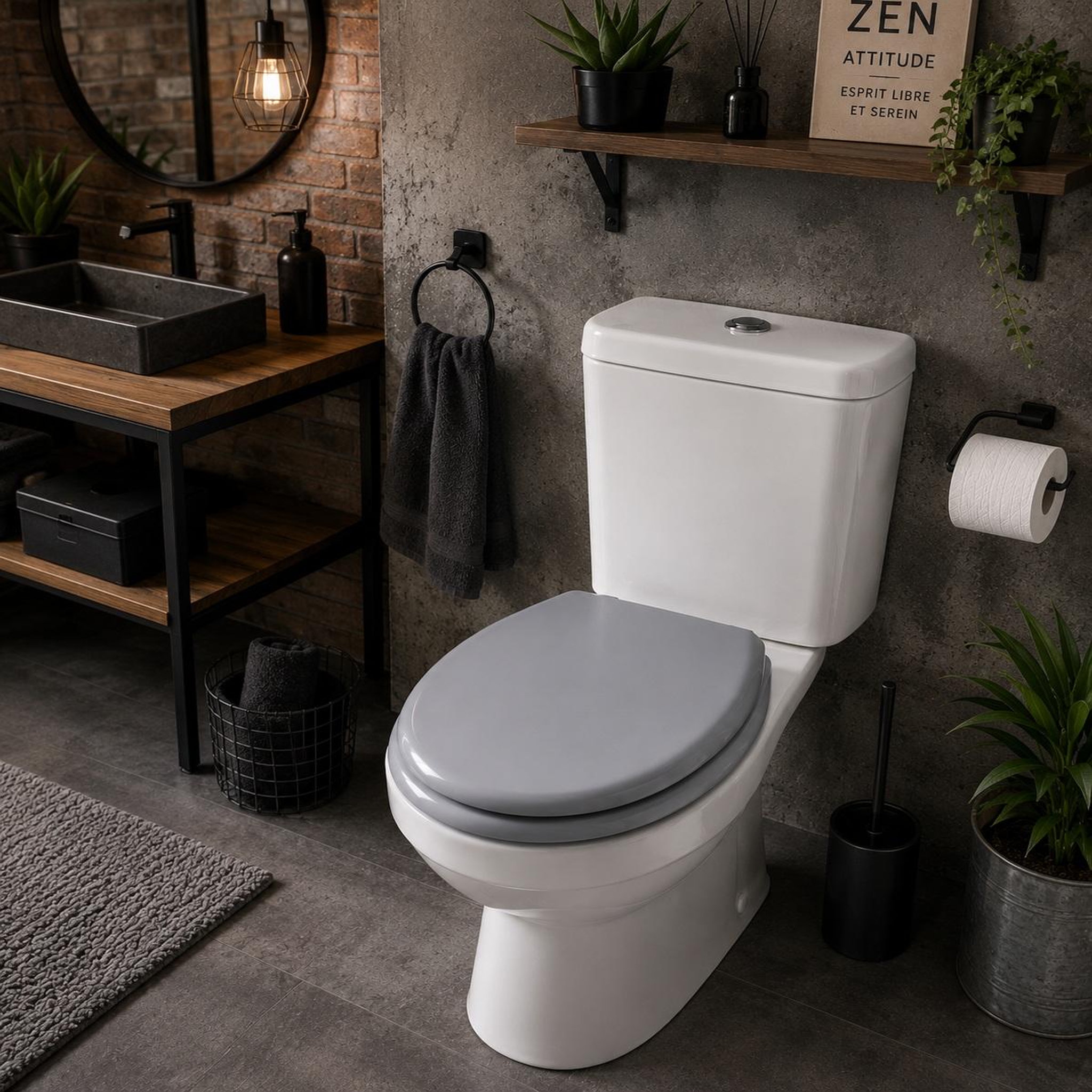 Voir la diapositive 6 : Eden Abattant wc gris mdf – charnières plastiques – 47 x 37 cm