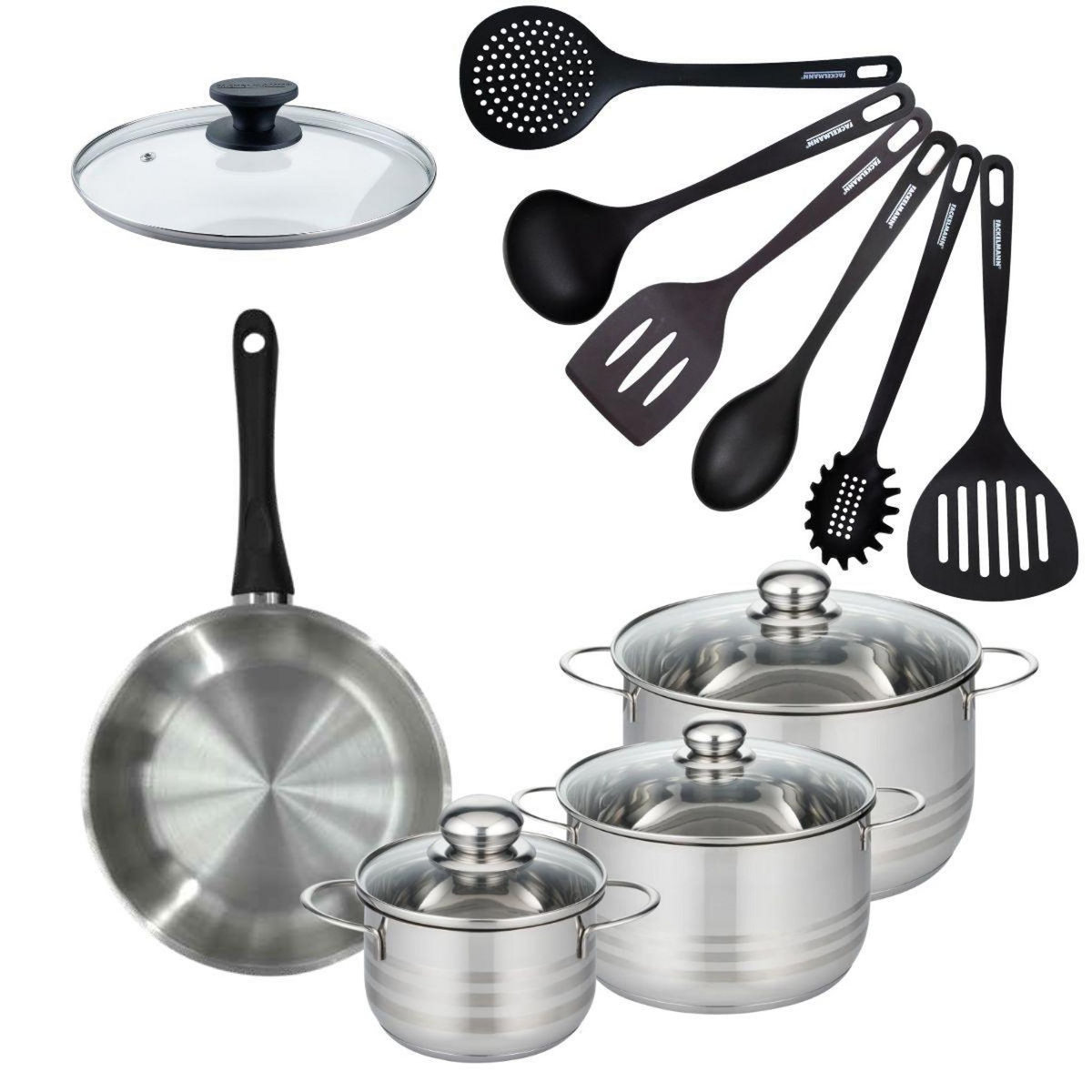 Fackelmann Set de 1 poêle 24 cm en inox, couvercle verre, 3 faitouts inox 16, 20 et 24 cm et 6 ustensiles RPET Fackelmann Geneva