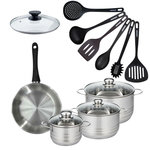 Fackelmann Set de 1 poêle 24 cm en inox, couvercle verre, 3 faitouts inox 16, 20 et 24 cm et 6 ustensiles RPET Fackelmann Geneva