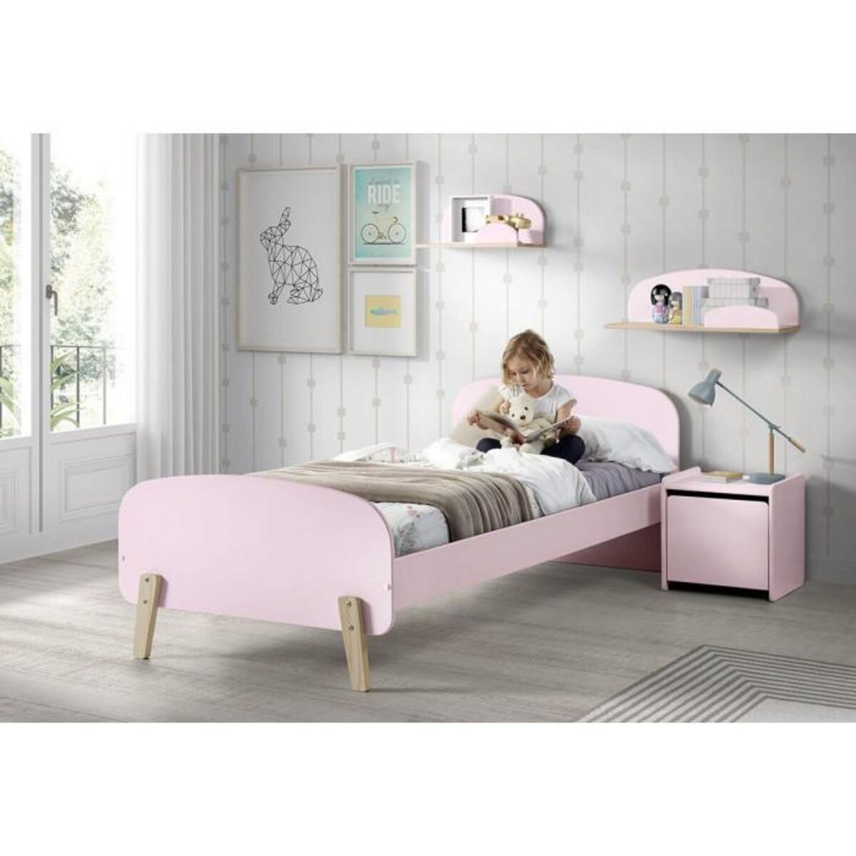 Paris Prix Pack - Lit Enfant, Chevet & 2 Étagères  Kiddy  90x200cm Rose