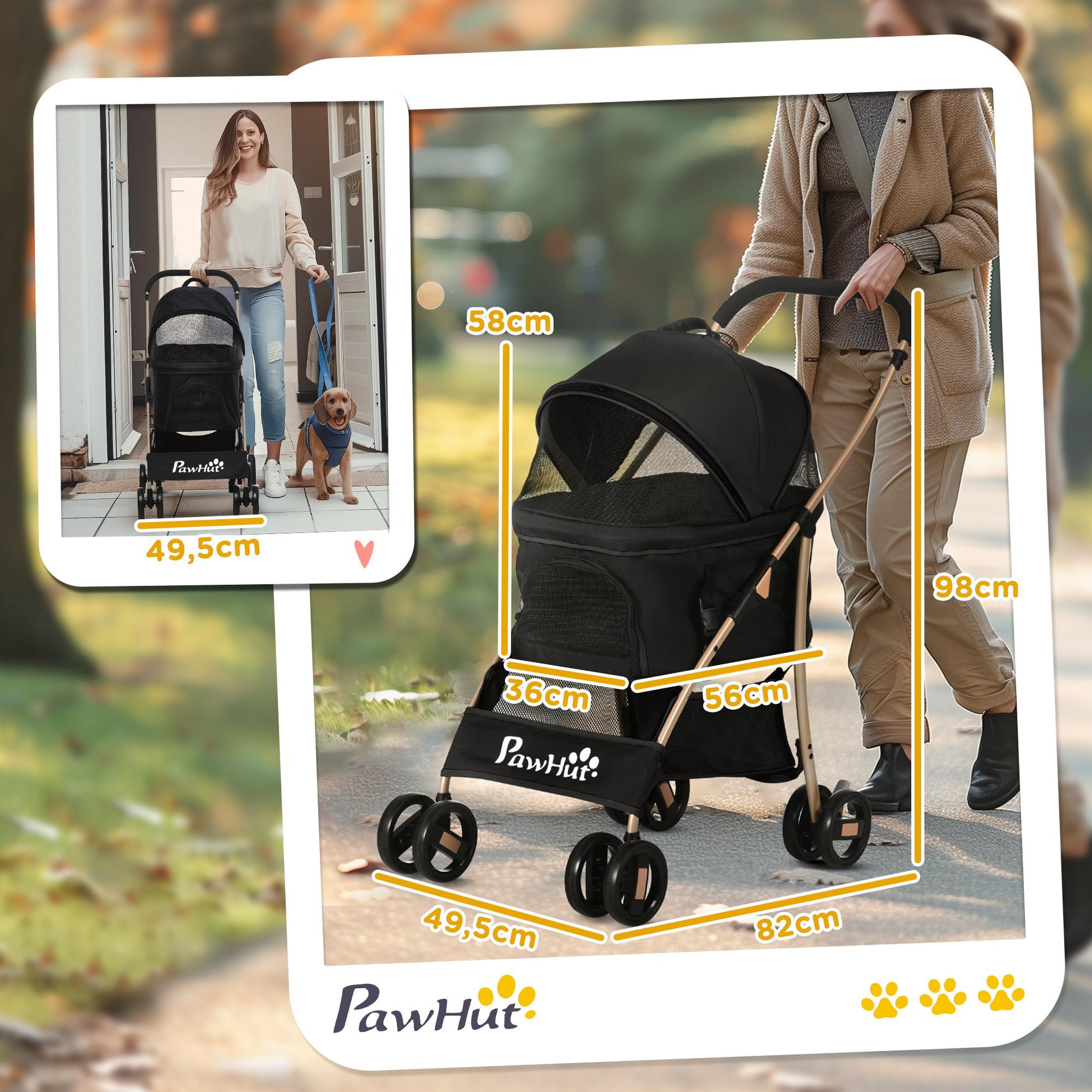 Voir la diapositive 3 : PAWHUT Poussette pliable pour chien chat nacelle amovible 2 en 1 - 4 roues doubles, 2 freins - acier Oxford noir