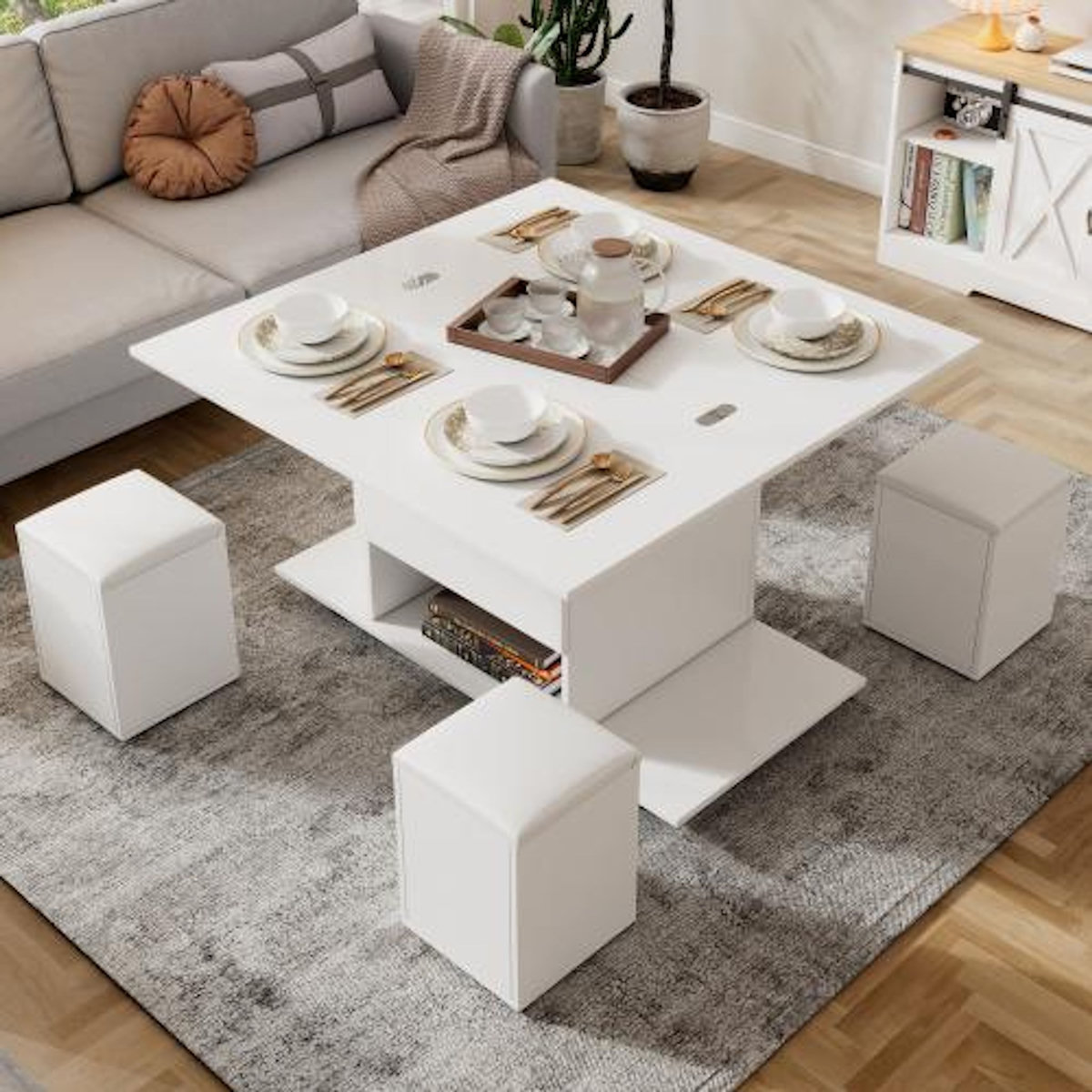 MERAX Table basse relevable rectangulaire en panneaux de particules avec 4 chaises et rangement,blanc