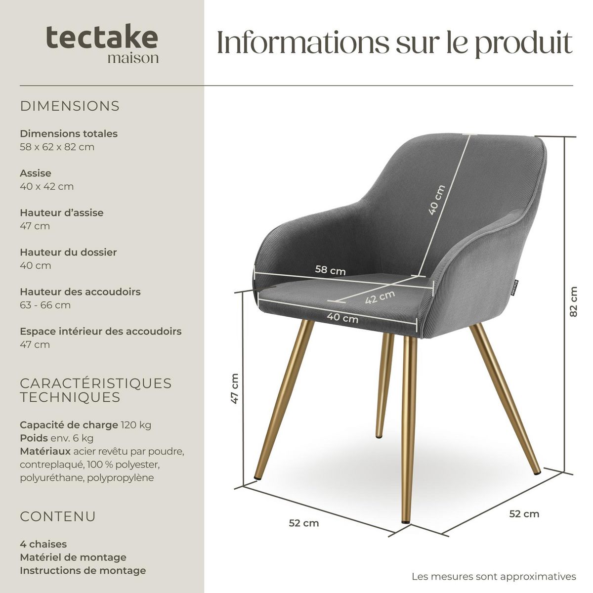 tectake Chaise de salle à manger rembourrée en velours côtelé gris/jaune or Lot de 4