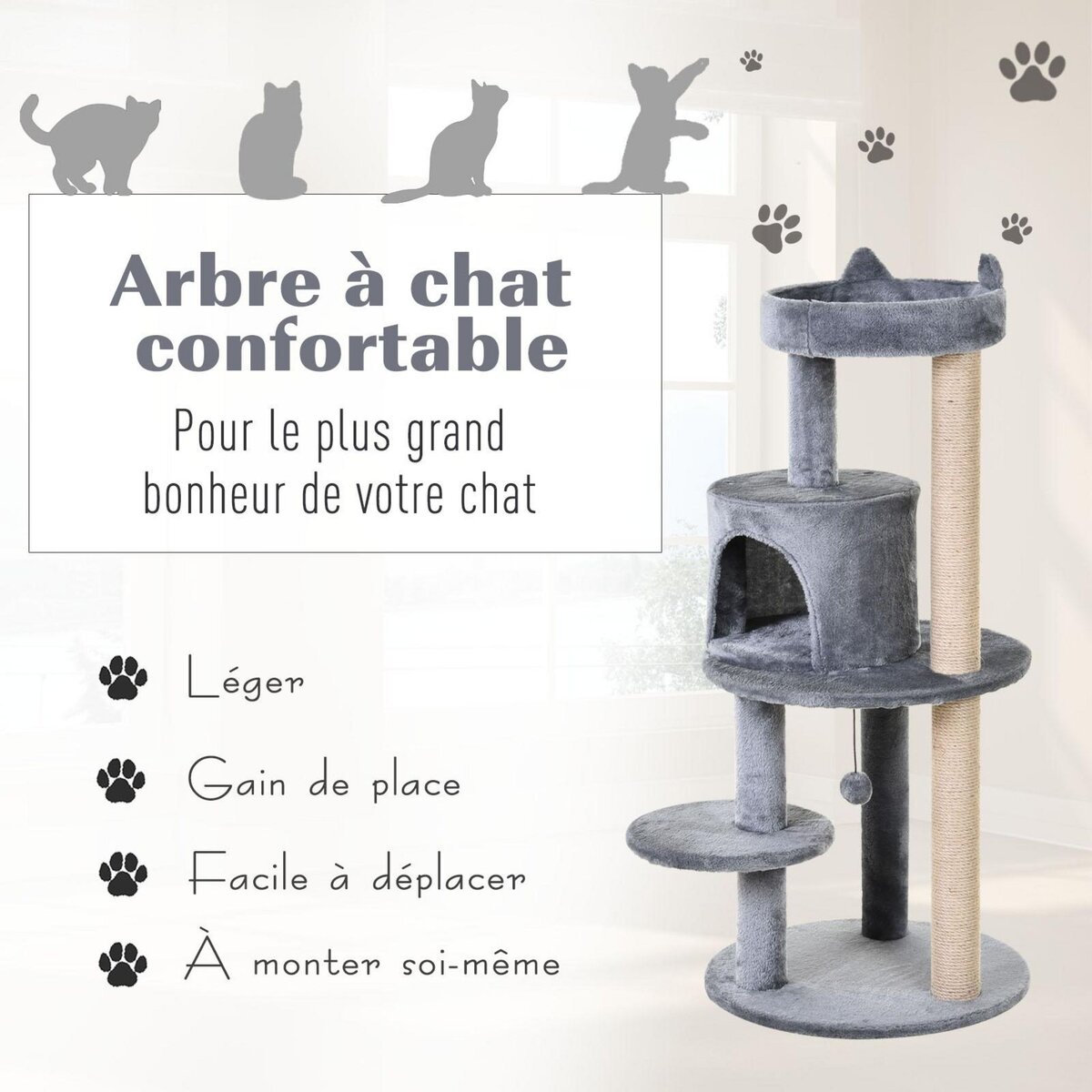 PAWHUT Arbre à chats multi-équipements griffoirs grattoirs plateformes niche jeu boule suspendue Ø 48 x 104H cm gris