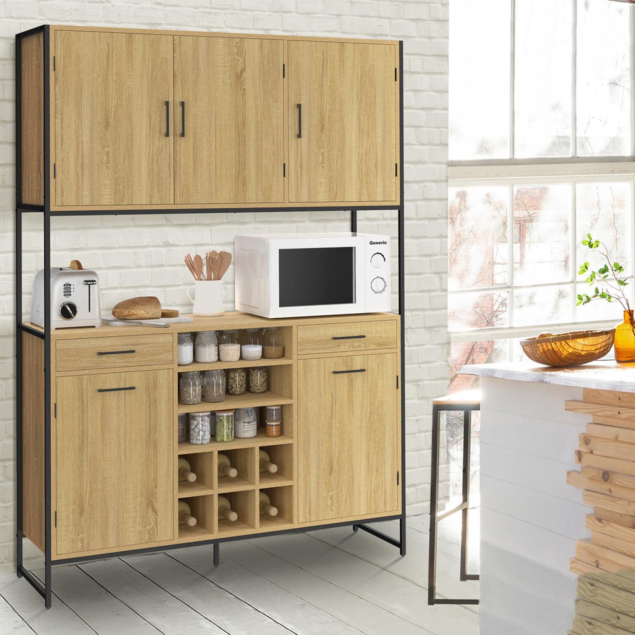 Voir la diapositive 2 : ID MARKET Buffet de cuisine 120 cm detroit 5 portes + tiroirs + range-bouteilles design industriel