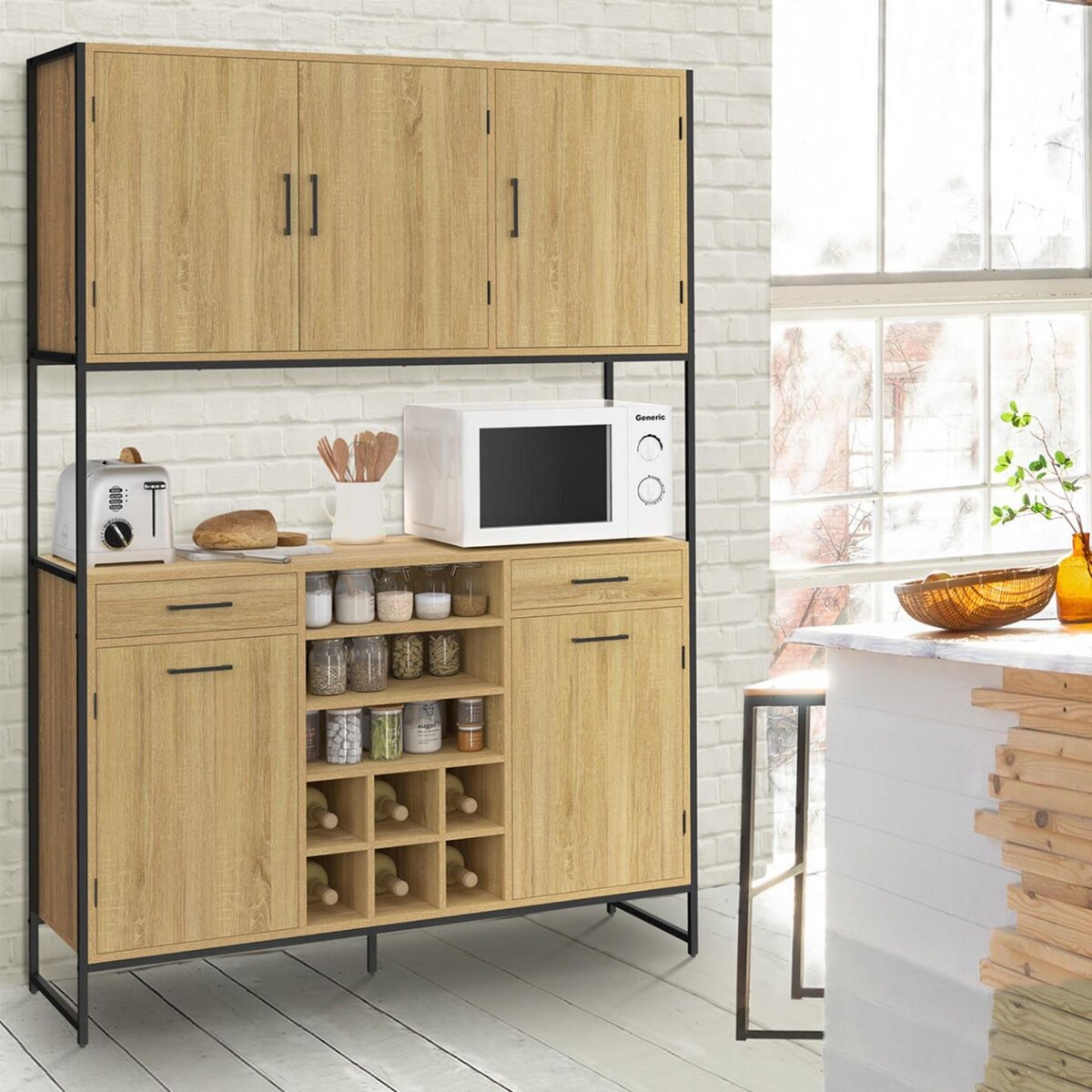 ID MARKET Buffet de cuisine 120 CM DETROIT 5 portes + tiroirs + range-bouteilles design industriel