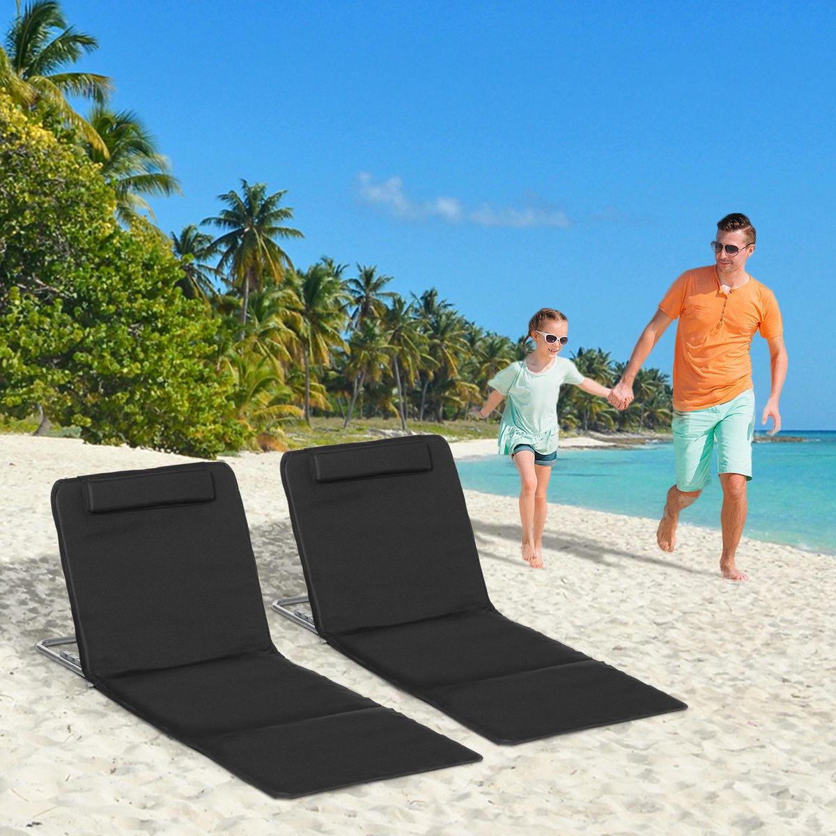 OUTSUNNY Lot de 2 tapis de plage rembourré - matelas de plage - nattes de plage - dossier inclinable multi-positions - sac transport inclus - métal polyester PE noir