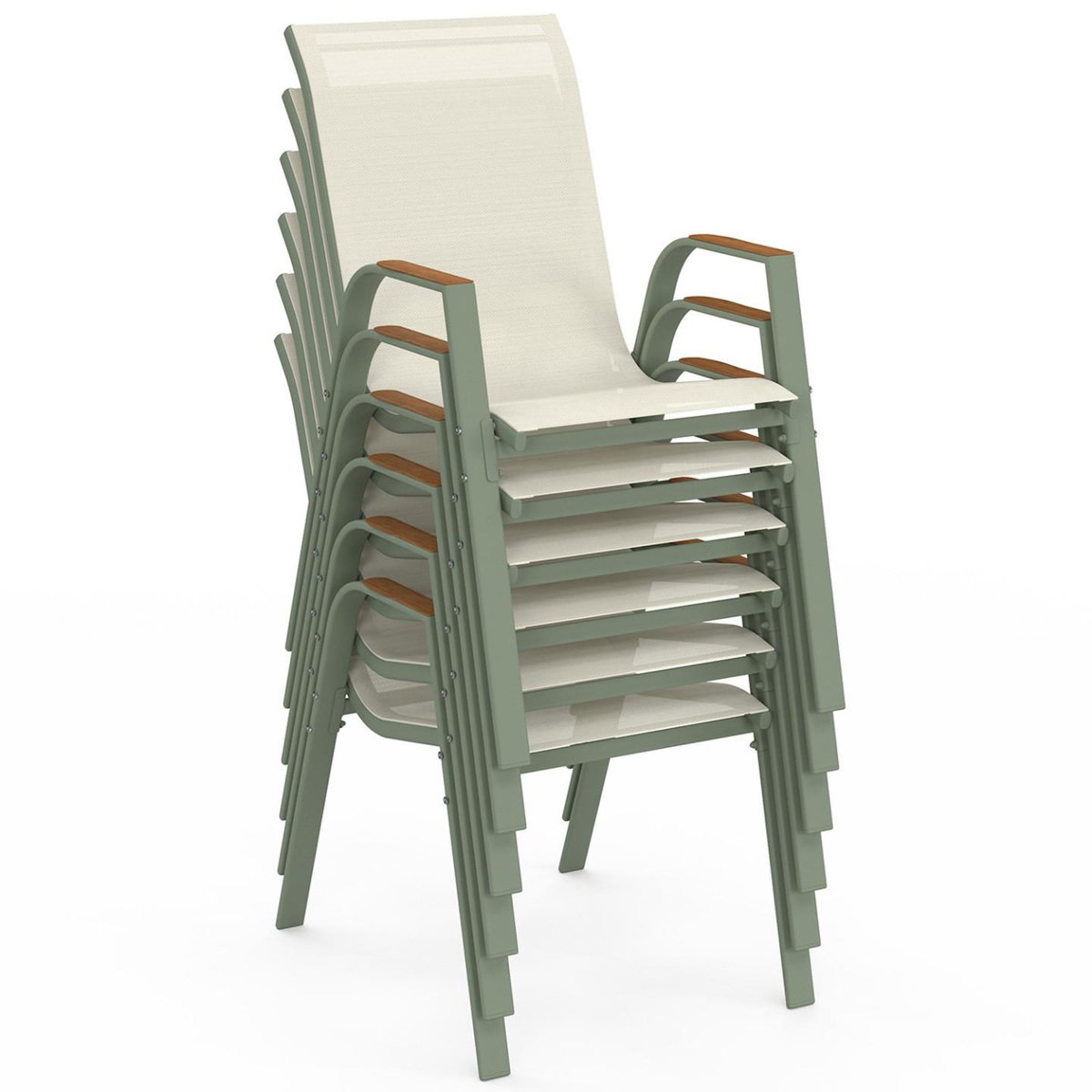 ID MARKET Salon de jardin NOUMEA table 190 cm plateau verre trempé effet bois et 8 chaises empilables vert et bois