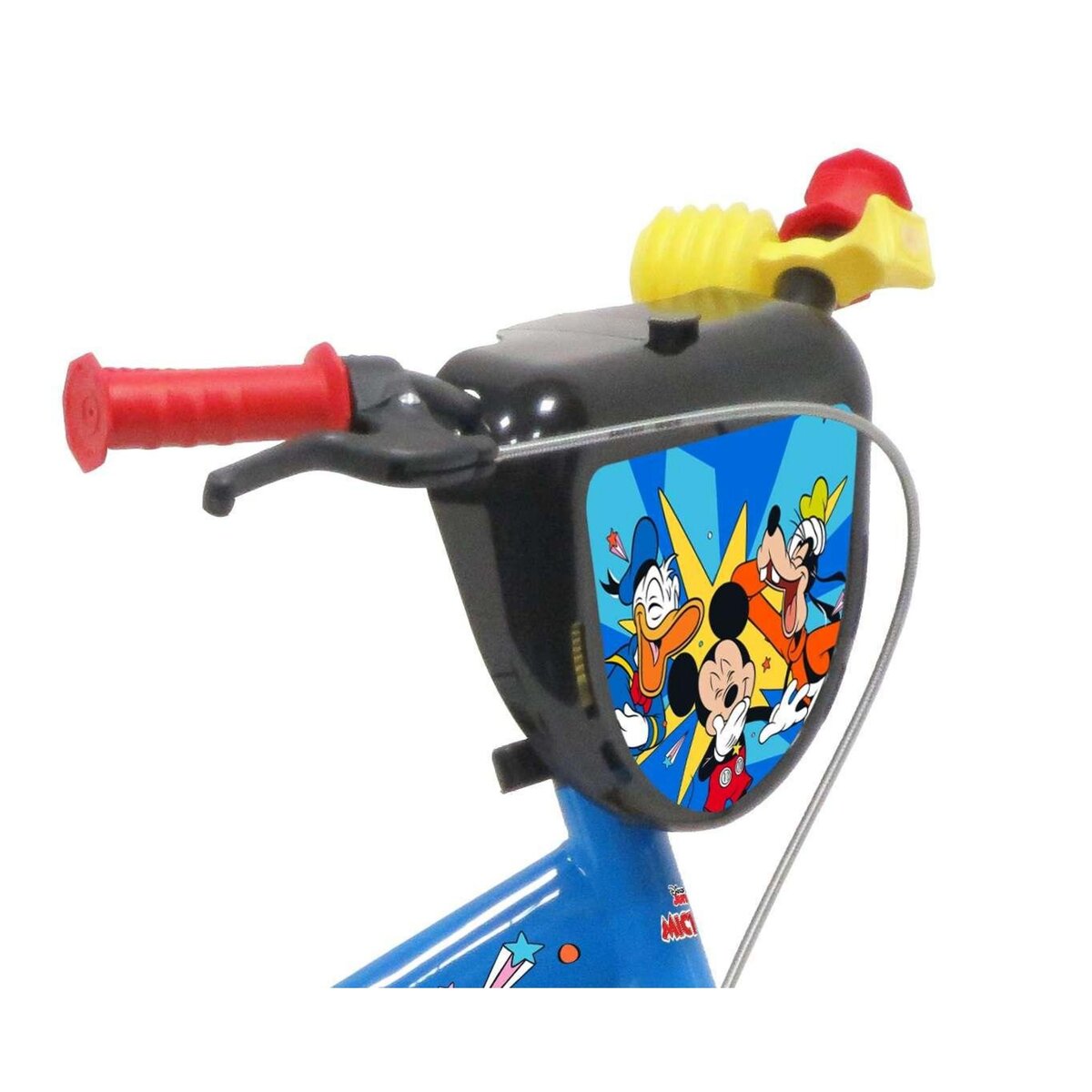 Disney Mickey Vélo enfant 12'' - Modèle  Mickey  pour enfant de 85 à 100 cm - Livré avec stabilisateurs - Plaque décorative avant - 1 frein et roues à bâtons