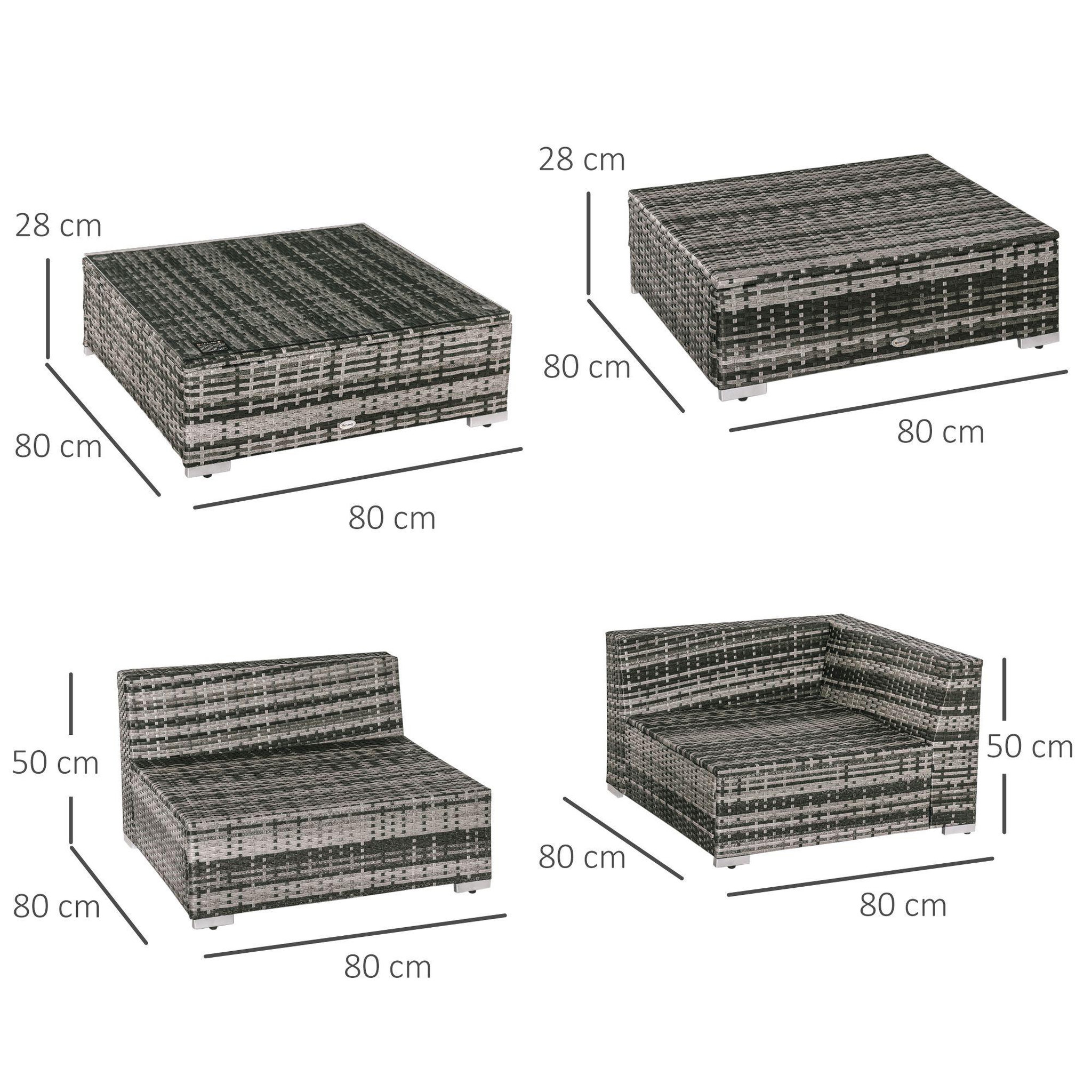 Voir la diapositive 3 : OUTSUNNY Ensemble salon de jardin 5 places 6 pièces modulables plateau verre trempé coussins déhoussables résine tressée imitation rotin gris