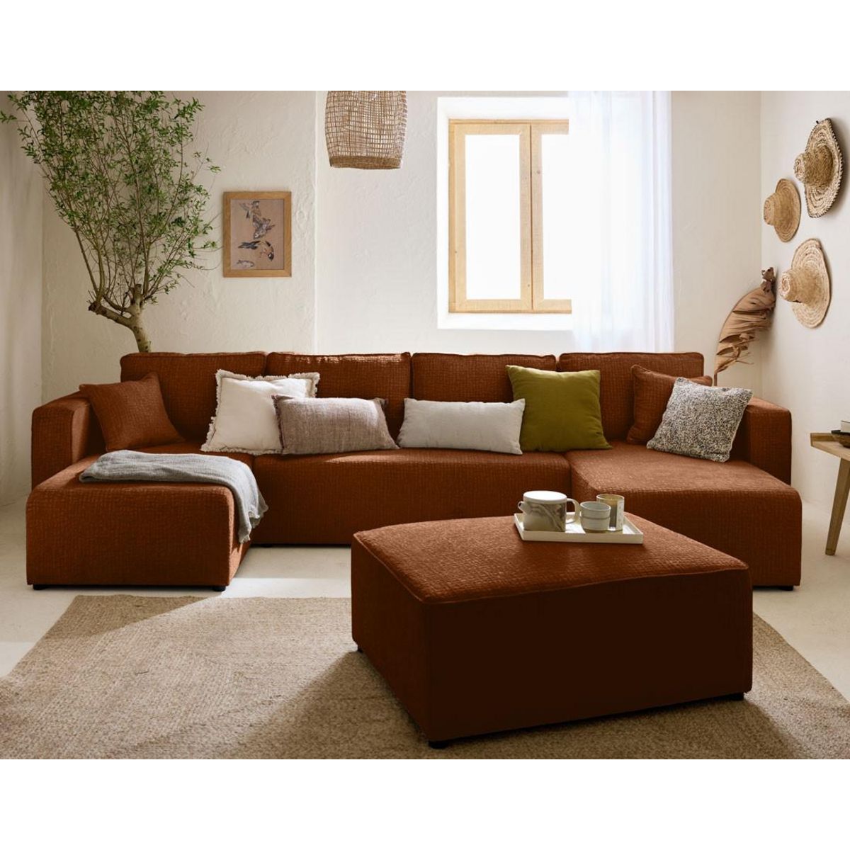 BEST MOBILIER Topaze - canapé panoramique en u - 7 places - convertible avec coffre - en tissu velours relief