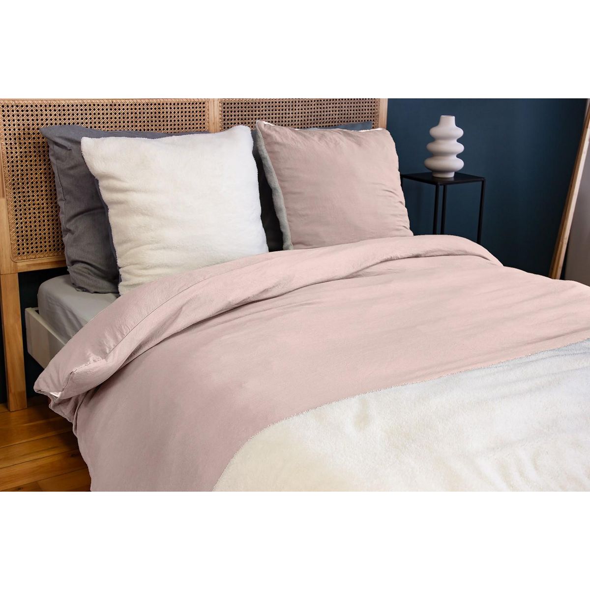 Home collection Parure housse de couette 100% microfibre lavee, sherpa - rose