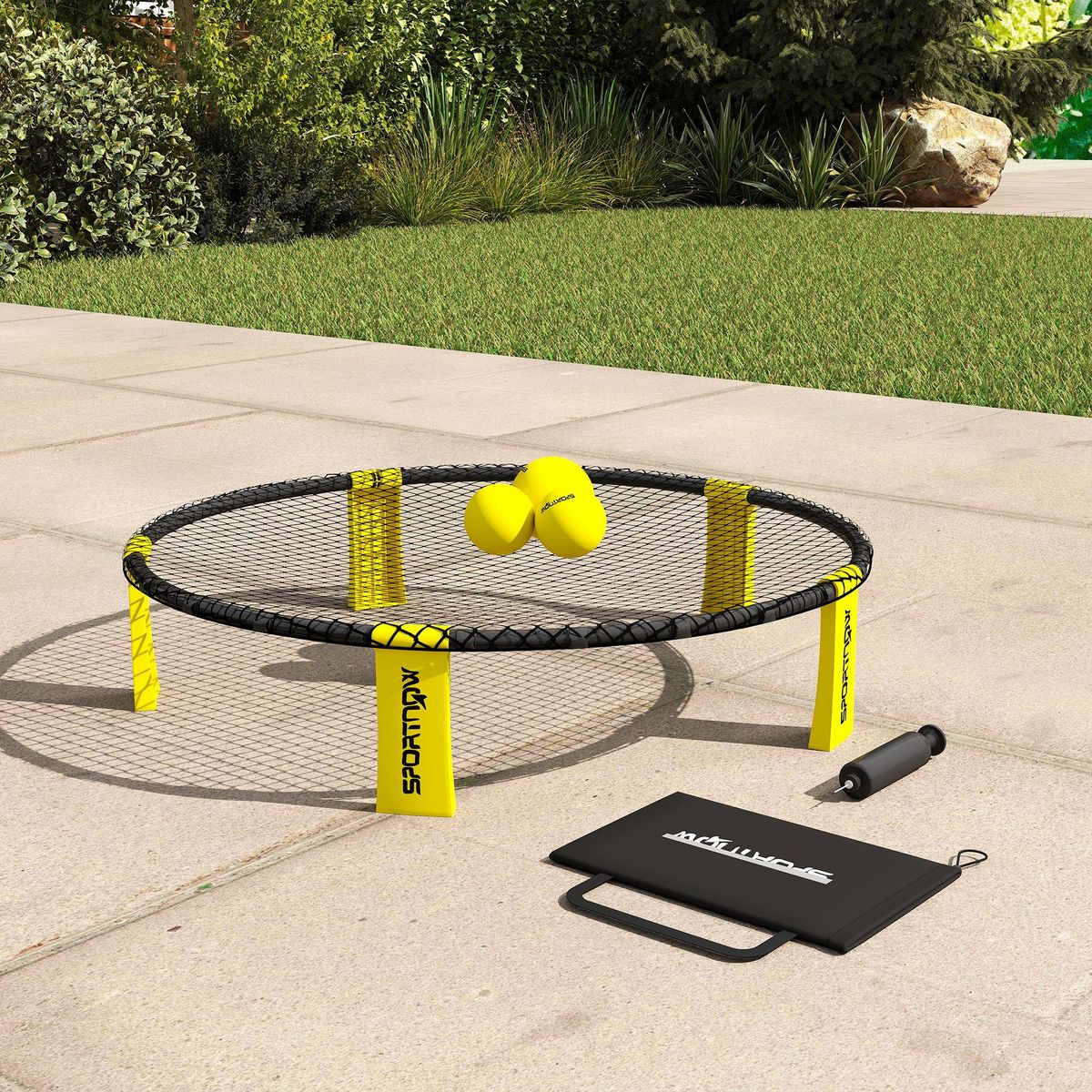HOMCOM Jeu de plage Spikeball - set complet filet, 3 balles, pompe, sac transport - noir jaune