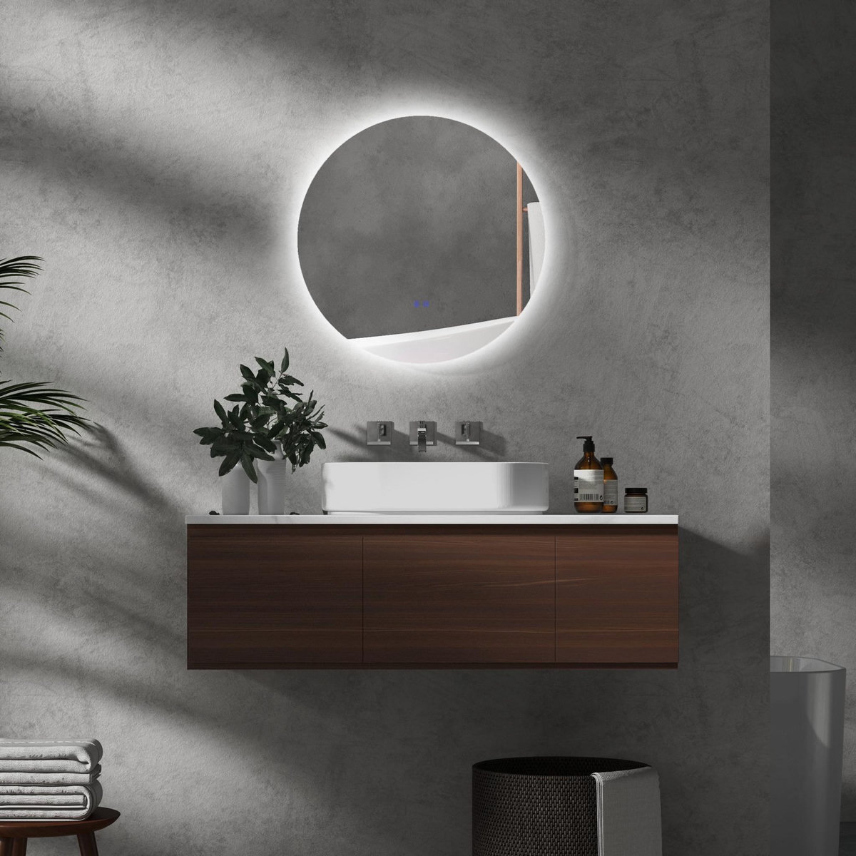 KLEANKIN Miroir rond lumineux LED de salle de bain 60 cm avec éclairage interrupteur tactile système antibuée miroir mural LED à luminosité réglable 29 W gris