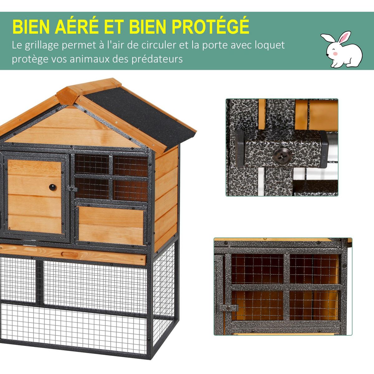 PAWHUT Clapier cage à lapins cottage - niche supérieure avec rampe et enclos extérieur - plateau excrément, fenêtre, 2 portes verrouillables - métal époxy pin pré-huilé