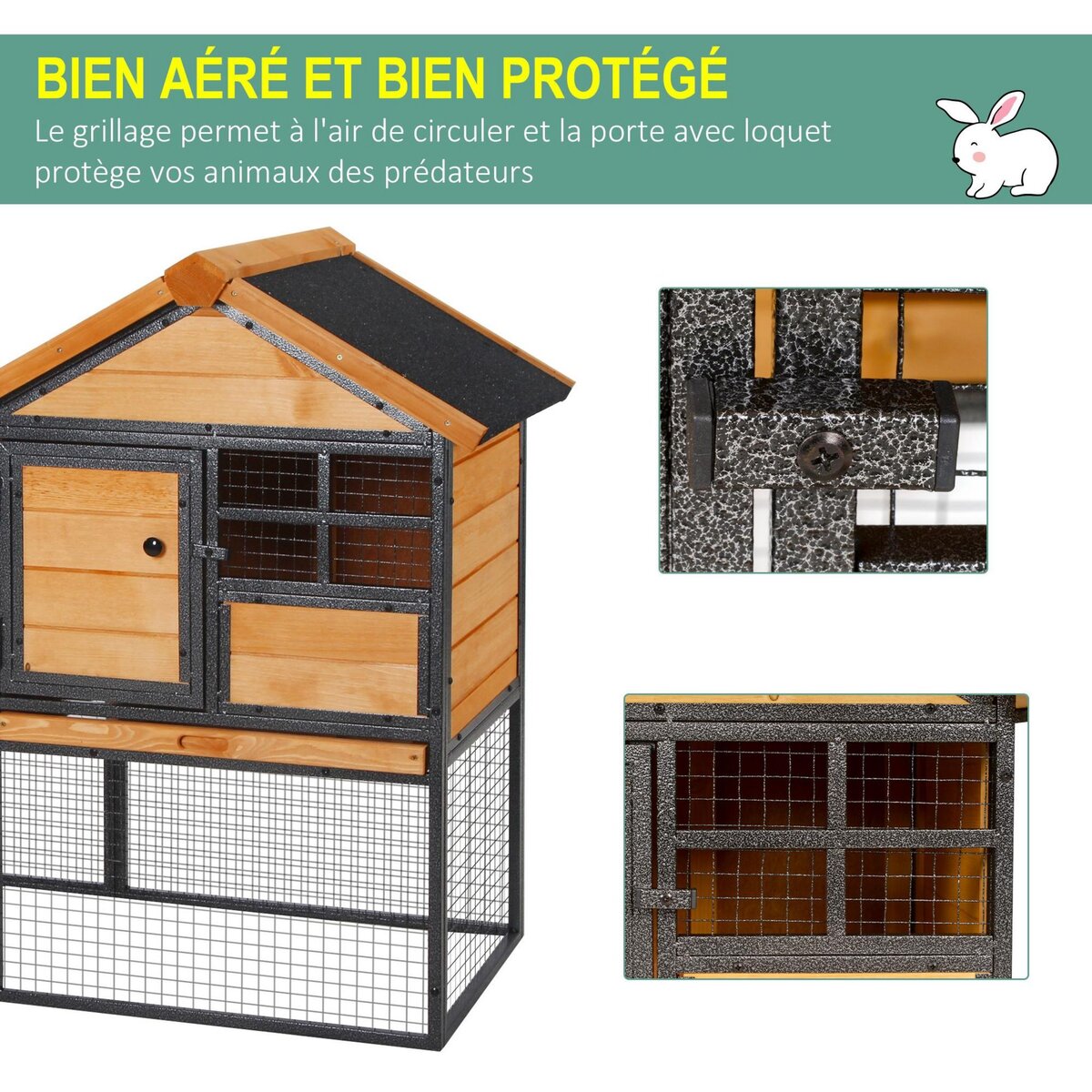 PAWHUT Clapier cage à lapins cottage - niche supérieure avec rampe et enclos extérieur - plateau excrément, fenêtre, 2 portes verrouillables - métal époxy pin pré-huilé