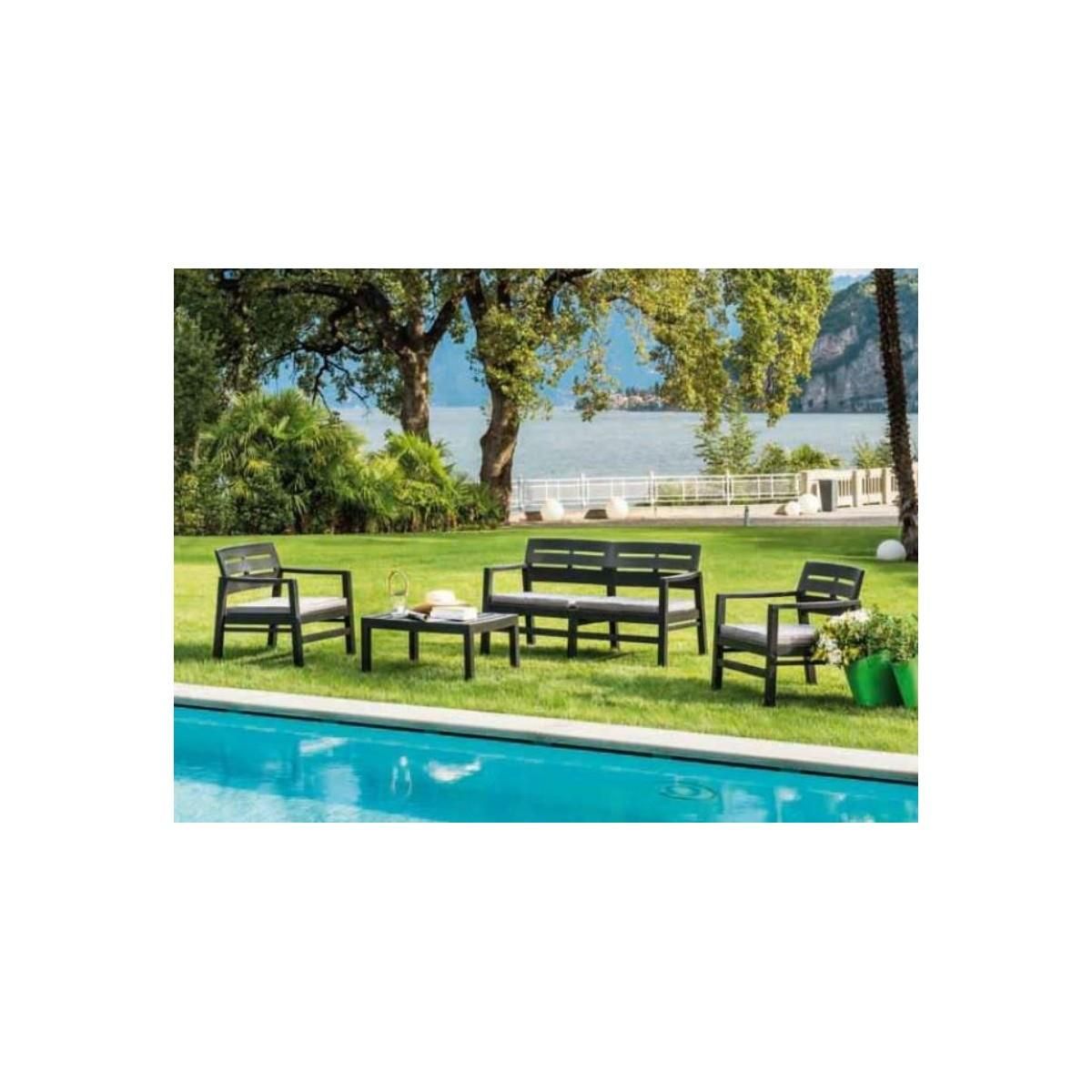 KZ GARDEN Salon de jardin 4 pièces Anthracite Canapé 2 places + 2 fauteuils + Table basse + 3 Coussins écru KZ GARDEN