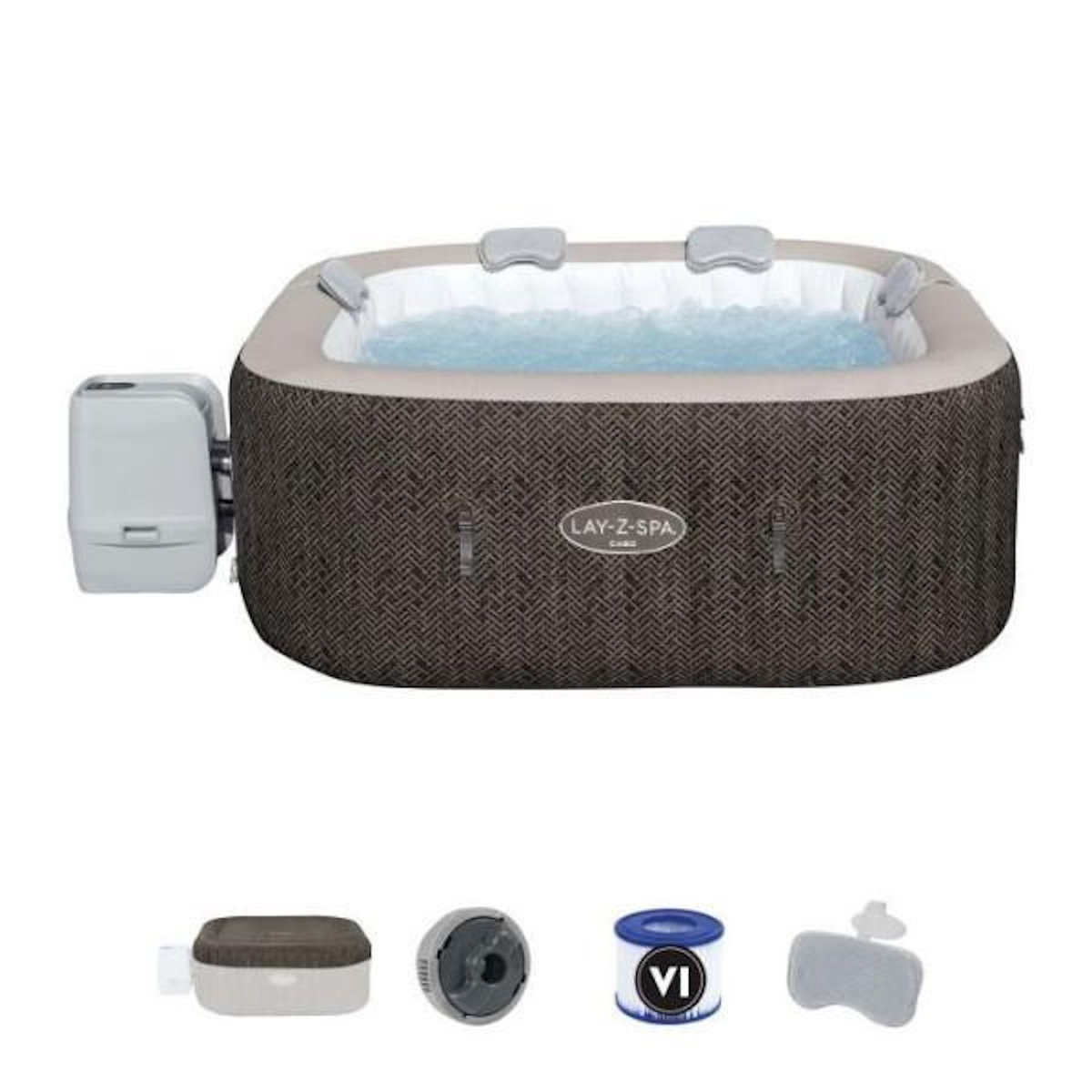 BESTWAY Spa gonflable BESTWAY - Lay-Z-Spa Cabo - 140 airjets - 180x180x71 cm - 4 a 6 places - Carré (couverture, cartouche, 4 appuie-te