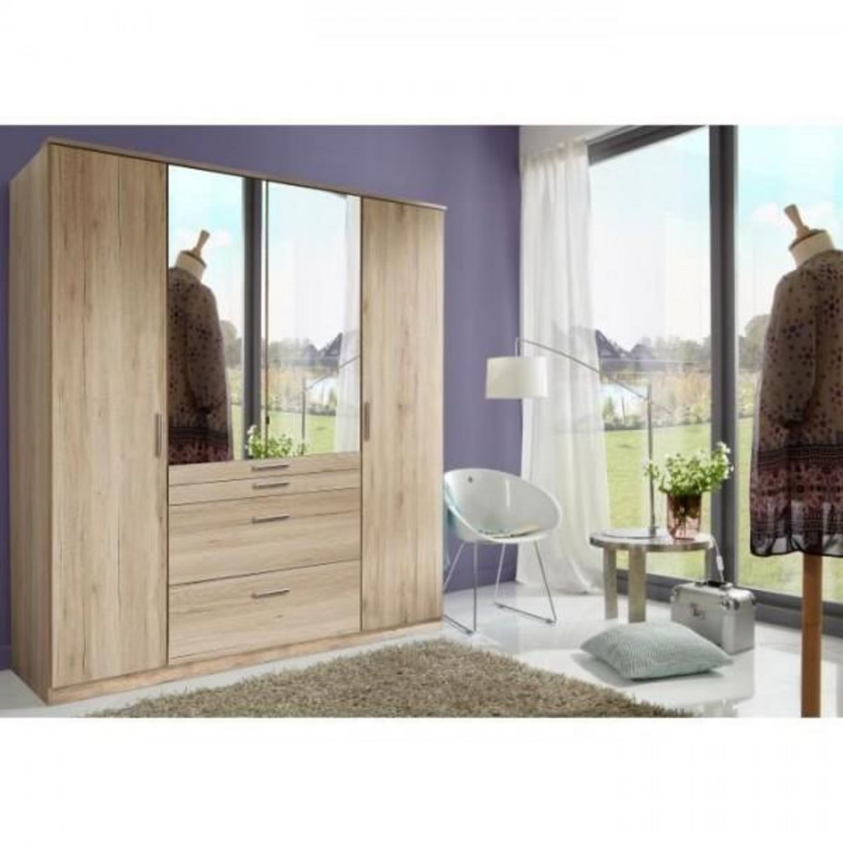 MARKET24 Armoire - Décor chene - 4 portes battantes + 4 tiroirs + miroirs - L180 x P58 x H199 cm