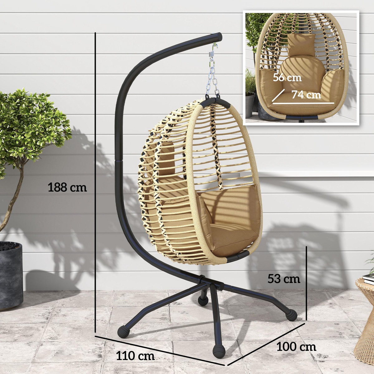 OUTSUNNY Fauteuil oeuf suspendu balancelle pliable avec coussin et support