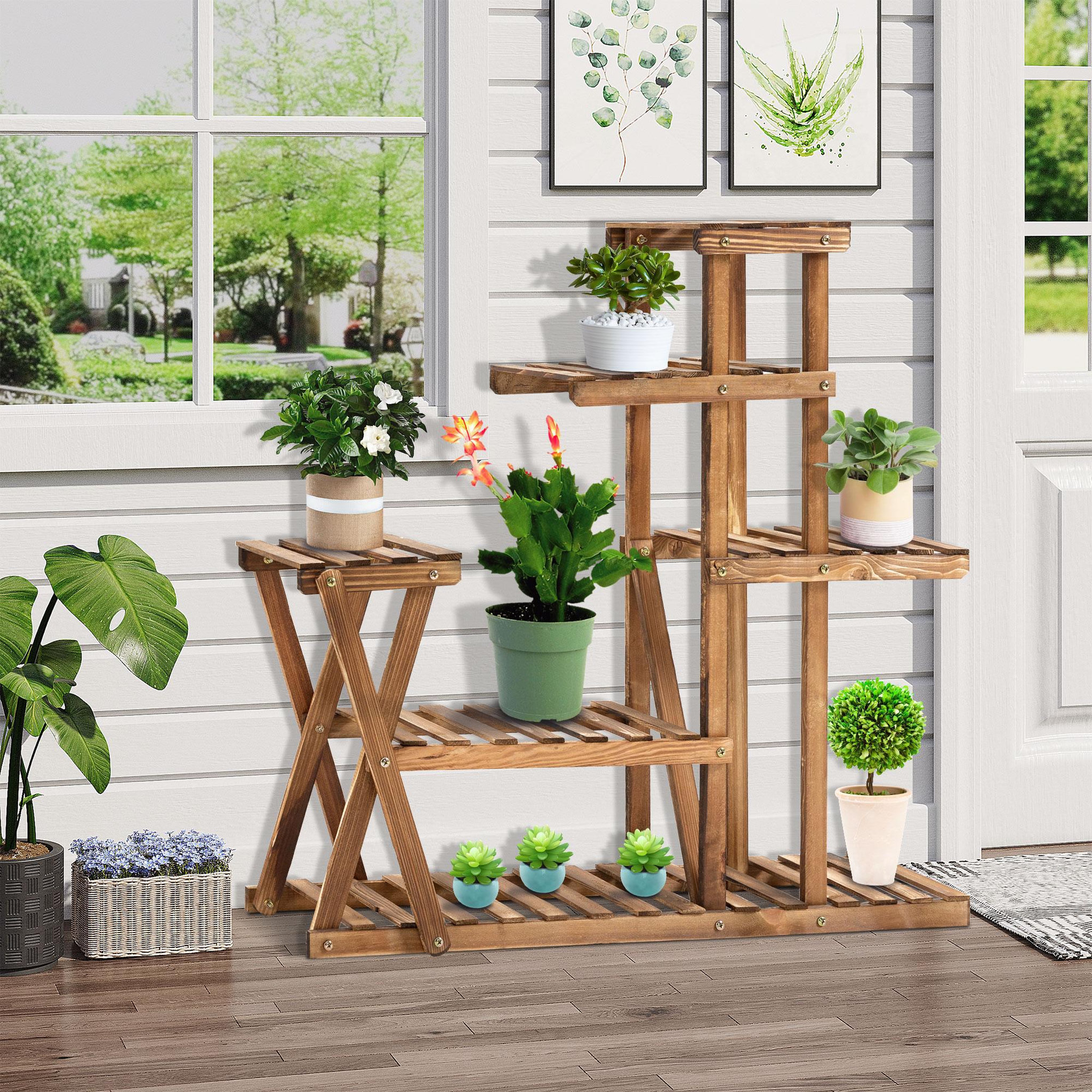 Voir la diapositive 2 : OUTSUNNY Étagère à fleurs en bois - porte plante bois 6 tablettes - dim. 98L x 28l x 95H cm - bois de sapin traité carbonisation