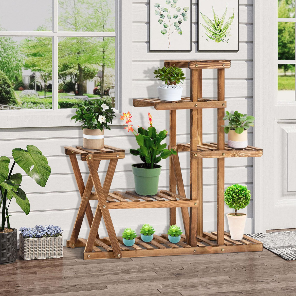 OUTSUNNY Étagère à fleurs en bois - porte plante bois 6 tablettes - dim. 98L x 28l x 95H cm - bois de sapin traité carbonisation