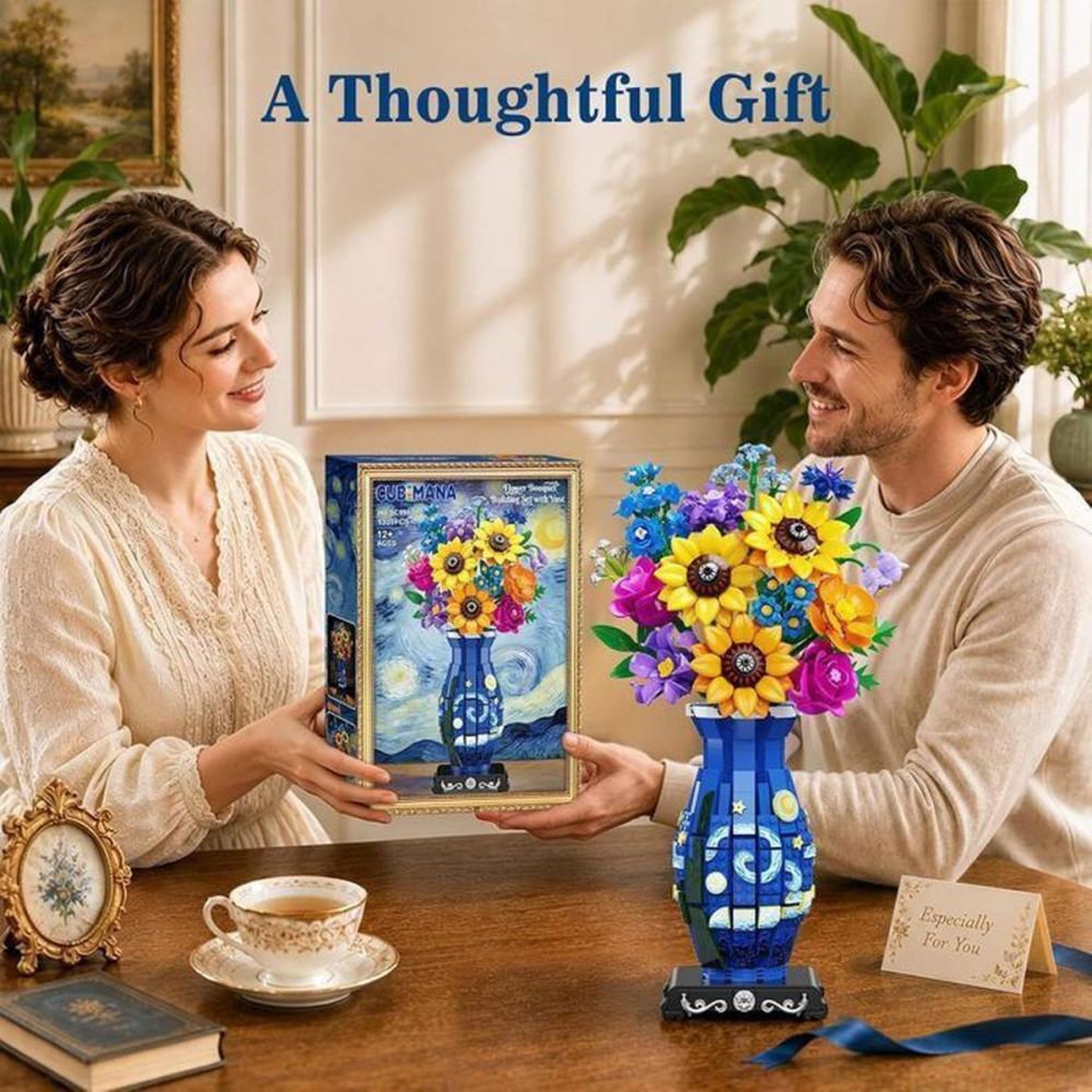 Voir la diapositive 6 : Kit de construction floral avec guirlande LED, vase bleu imprimé, 1331 pièces mini 3,6 mm