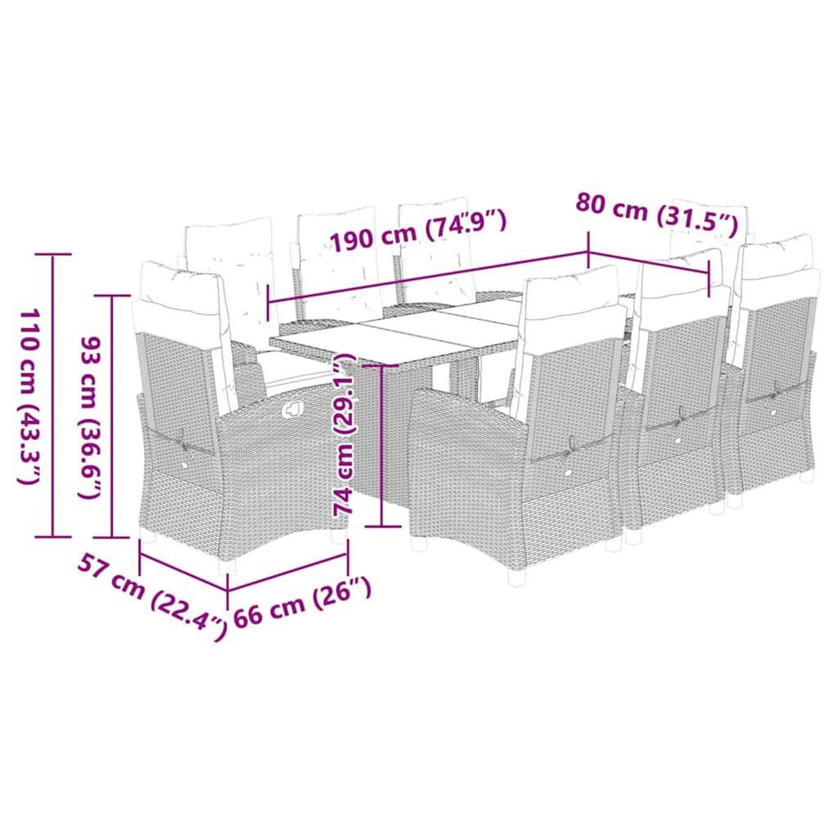 VIDAXL Ensemble a manger de jardin et coussins 9 pcs gris clair rotin