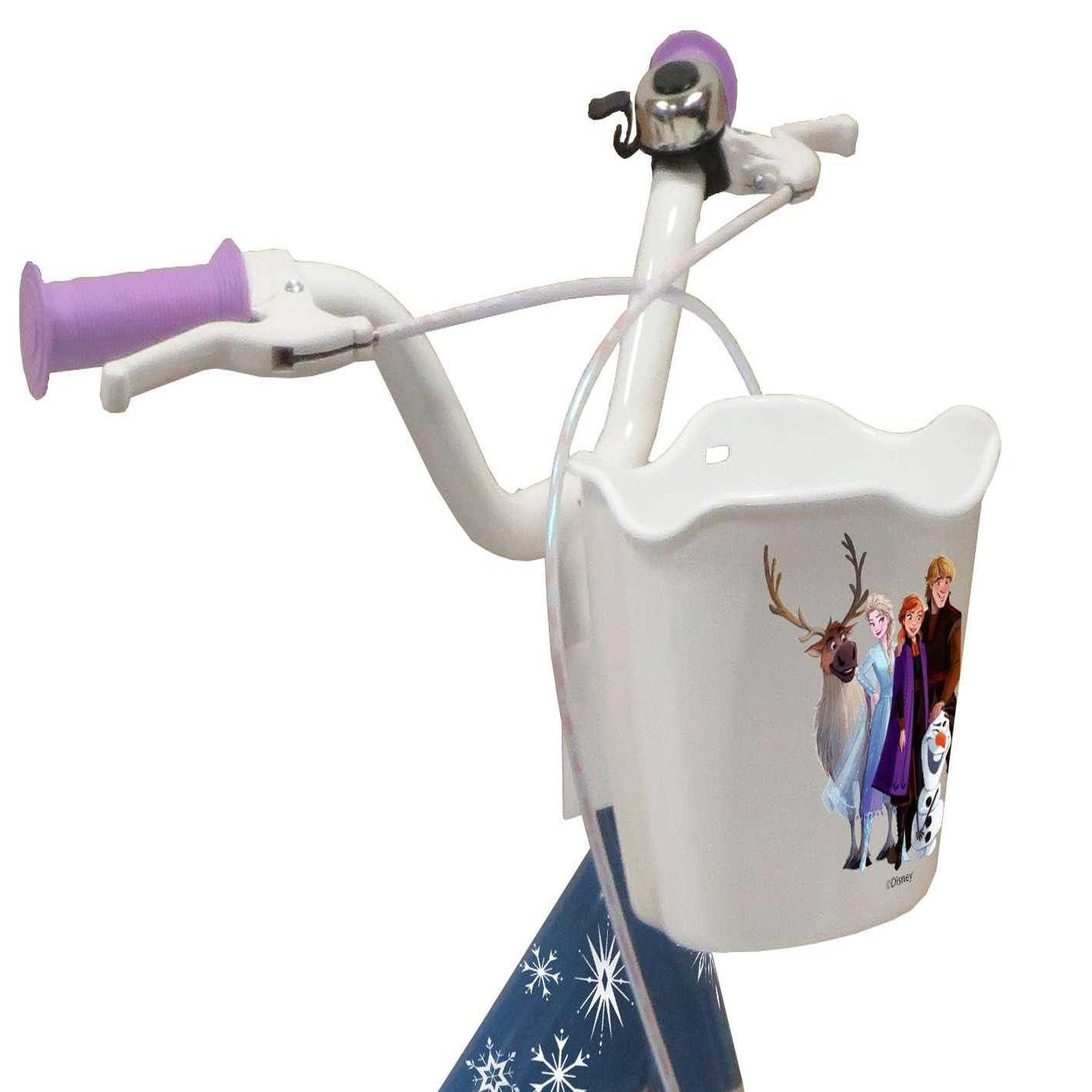 Voir la diapositive 3 : Disney La Reine des Neiges Vélo enfant 14'' - Modèle Reine des neiges  pour enfant de taille 95 à 110 cm  avec stabilisateurs - Panier avant - Porte poupée arrière - 2 freins & pneus gonflables