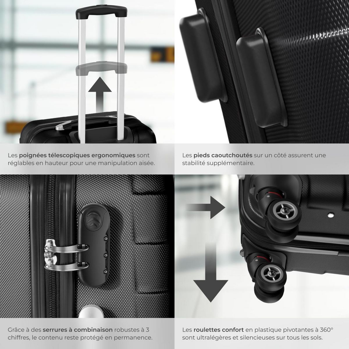 tectake Set de valises rigides 3 parties, en plastique ABS robuste noir