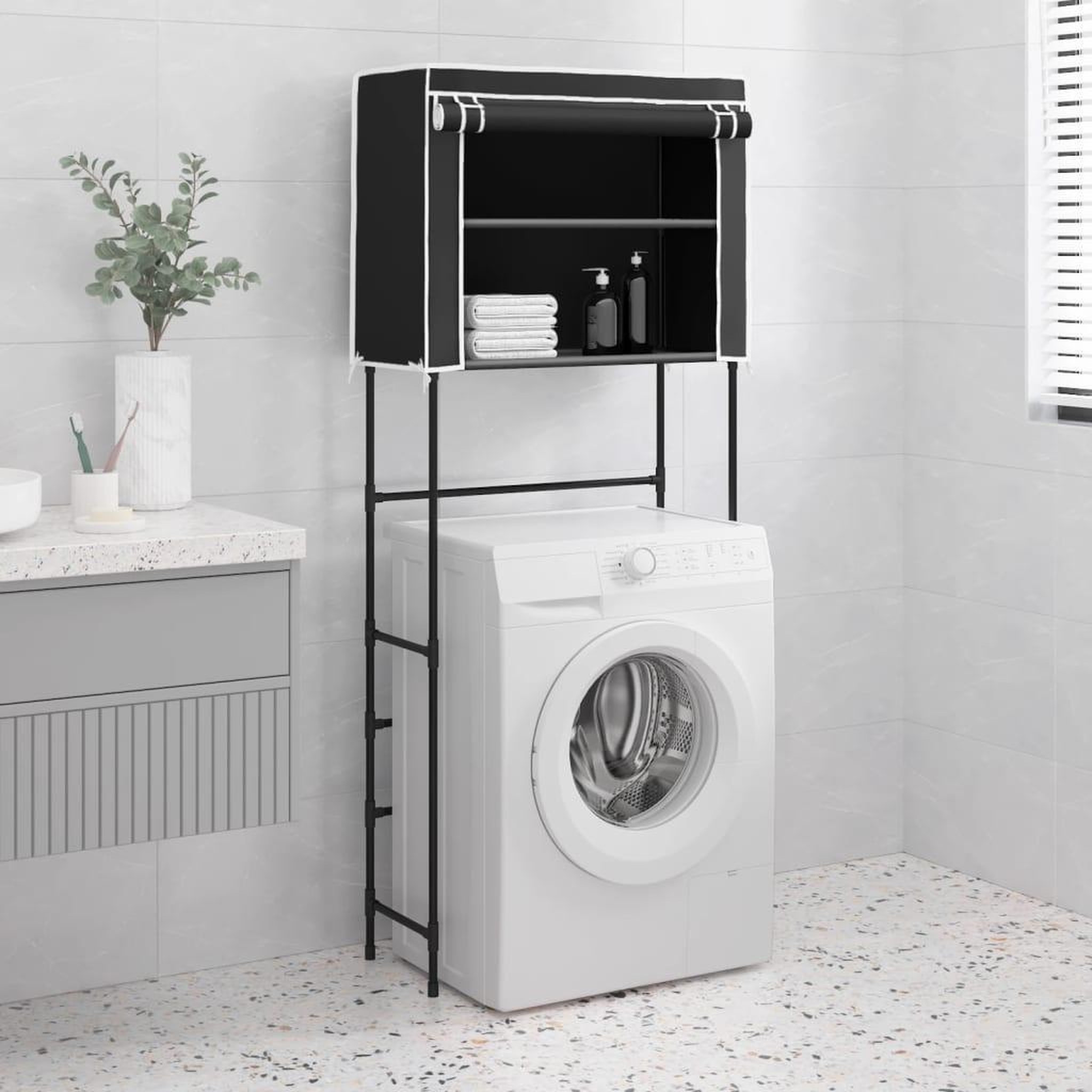 Voir la diapositive 1 : VIDAXL Support de rangement 2 niveaux sur la machine a laver Noir Fer