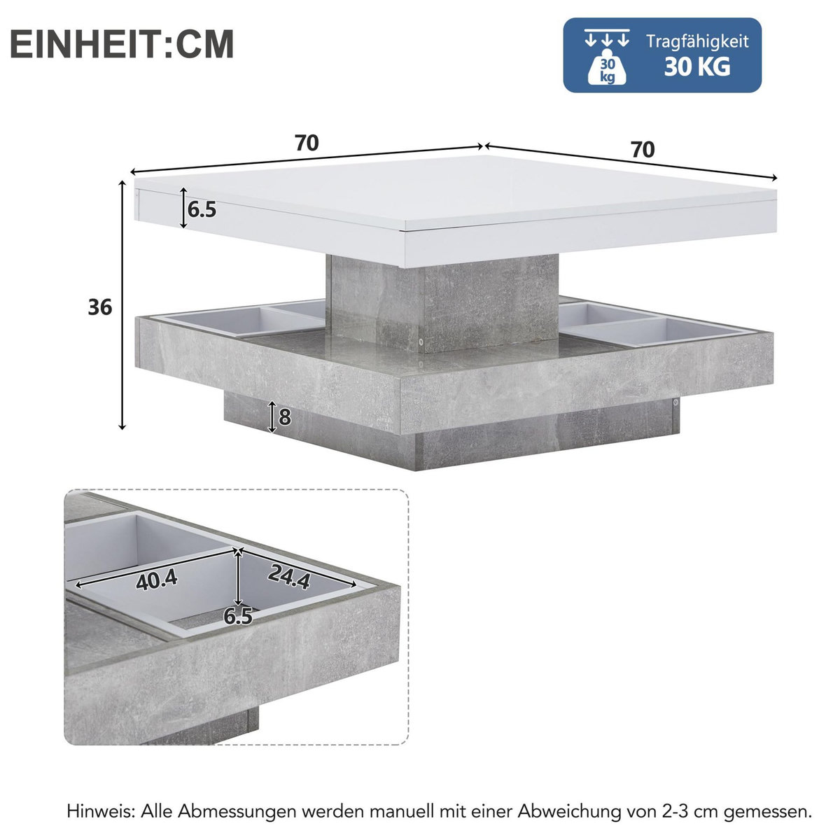 MERAX Table Basse Carrée Avec Un Bureau Rotatif à 360° Et Plusieurs Compartiments De Rangement