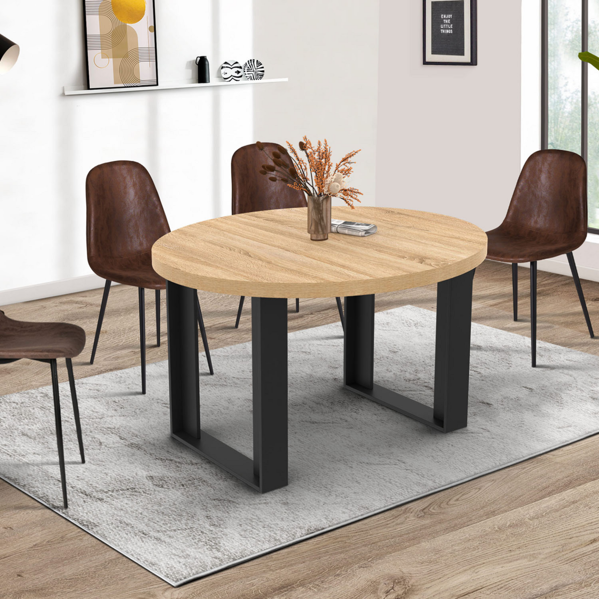 ID MARKET Table à manger extensible ronde PHOENIX 4-6 personnes bois et noir 110-150 cm