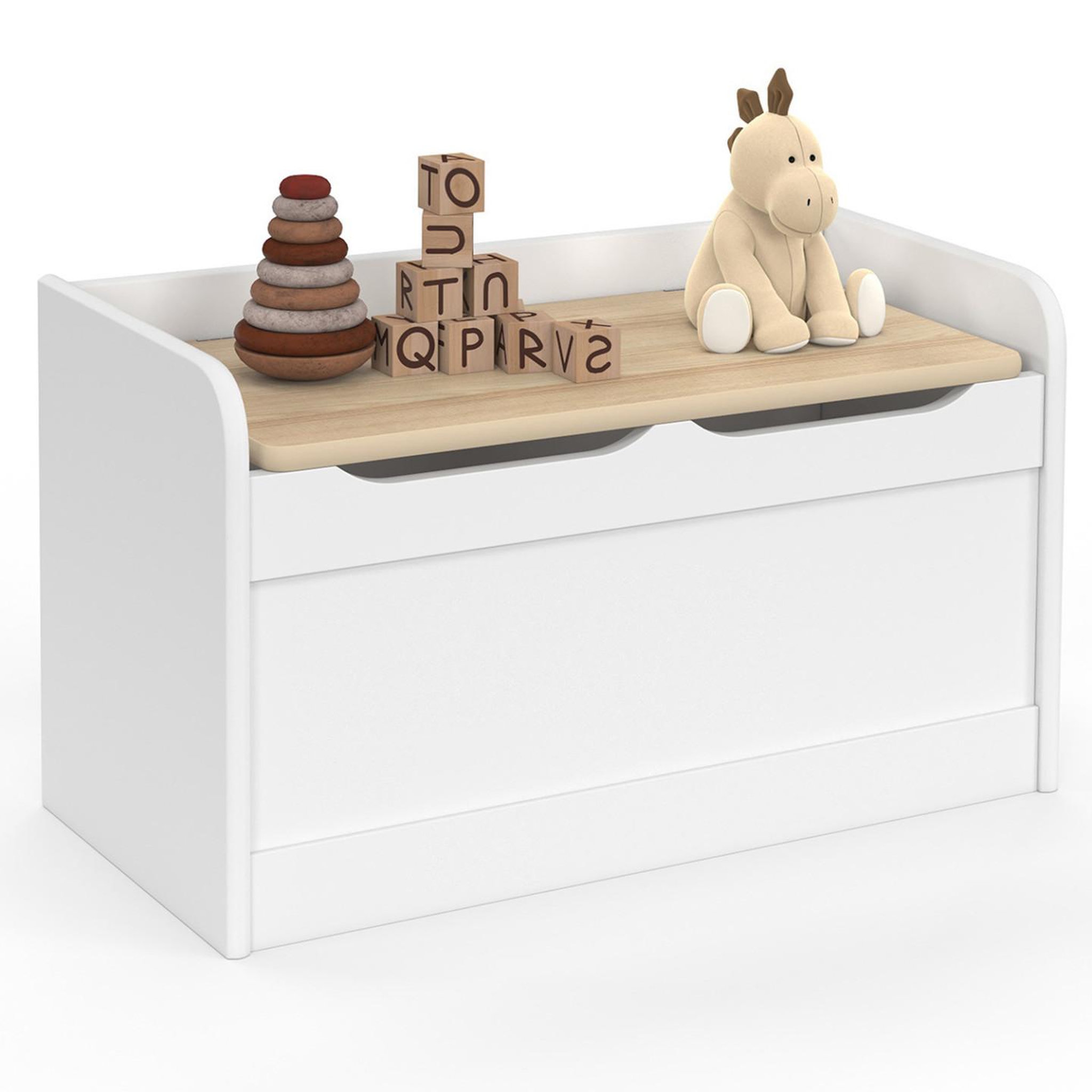 ID MARKET Banc coffre de rangement enfant logan 60 cm en bois blanc et hêtre