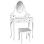 Voir la diapositive 1 : HOMCOM Coiffeuse et tabouret style baroque 5 tiroirs miroir ovale pivotant 360° MDF bois blanc