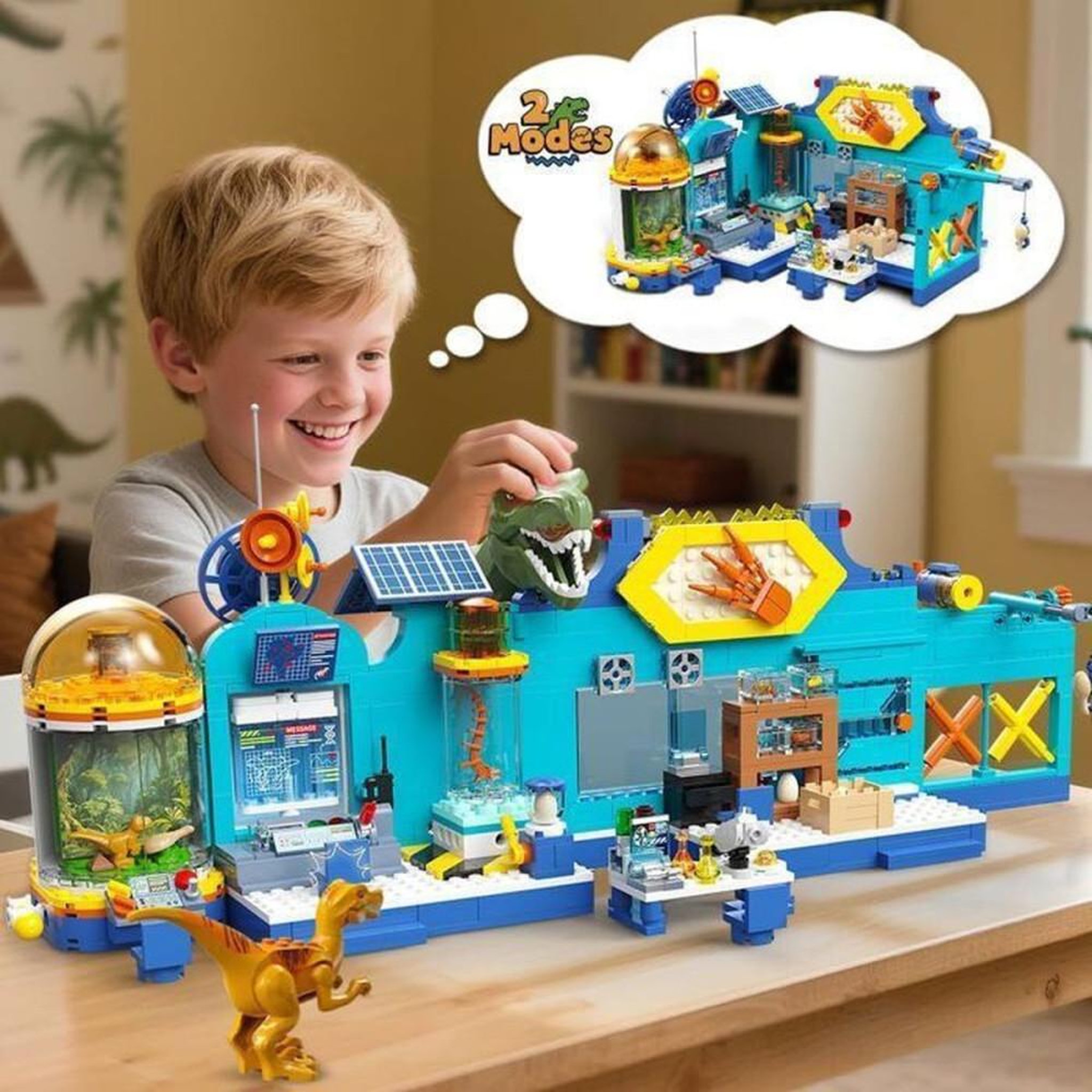 Voir la diapositive 2 : Jeu de construction 2 en 1 Dinosaure avec LED, centre de recherche, 837 pièces et 2 dinos articulés