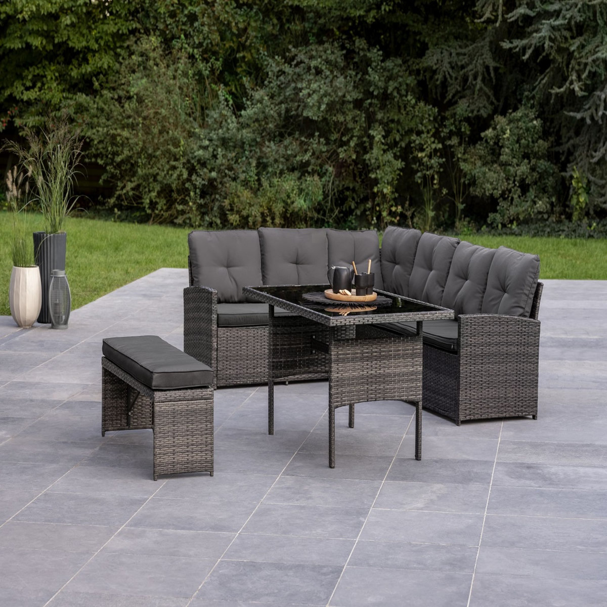 GARDENSTAR Salon bas de jardin - 8 places - Acier/bois - Gris - CANCUN