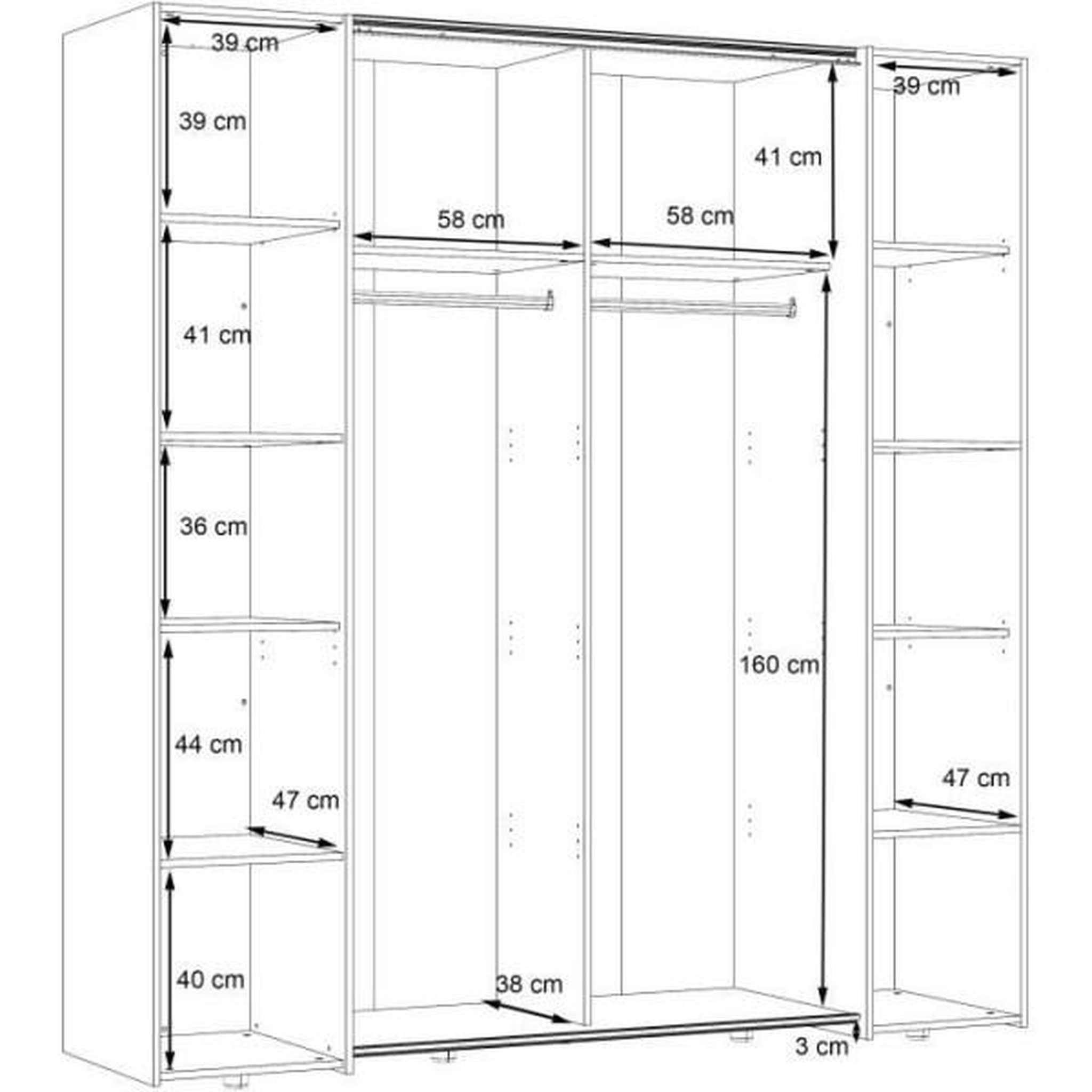 Voir la diapositive 6 : MARKET24 Armoire NARAGO - Décor Blanc mat - 2 portes coulissantes + miroir + 2 portes battantes + 2 penderies - L200 x P61 x H210 cm