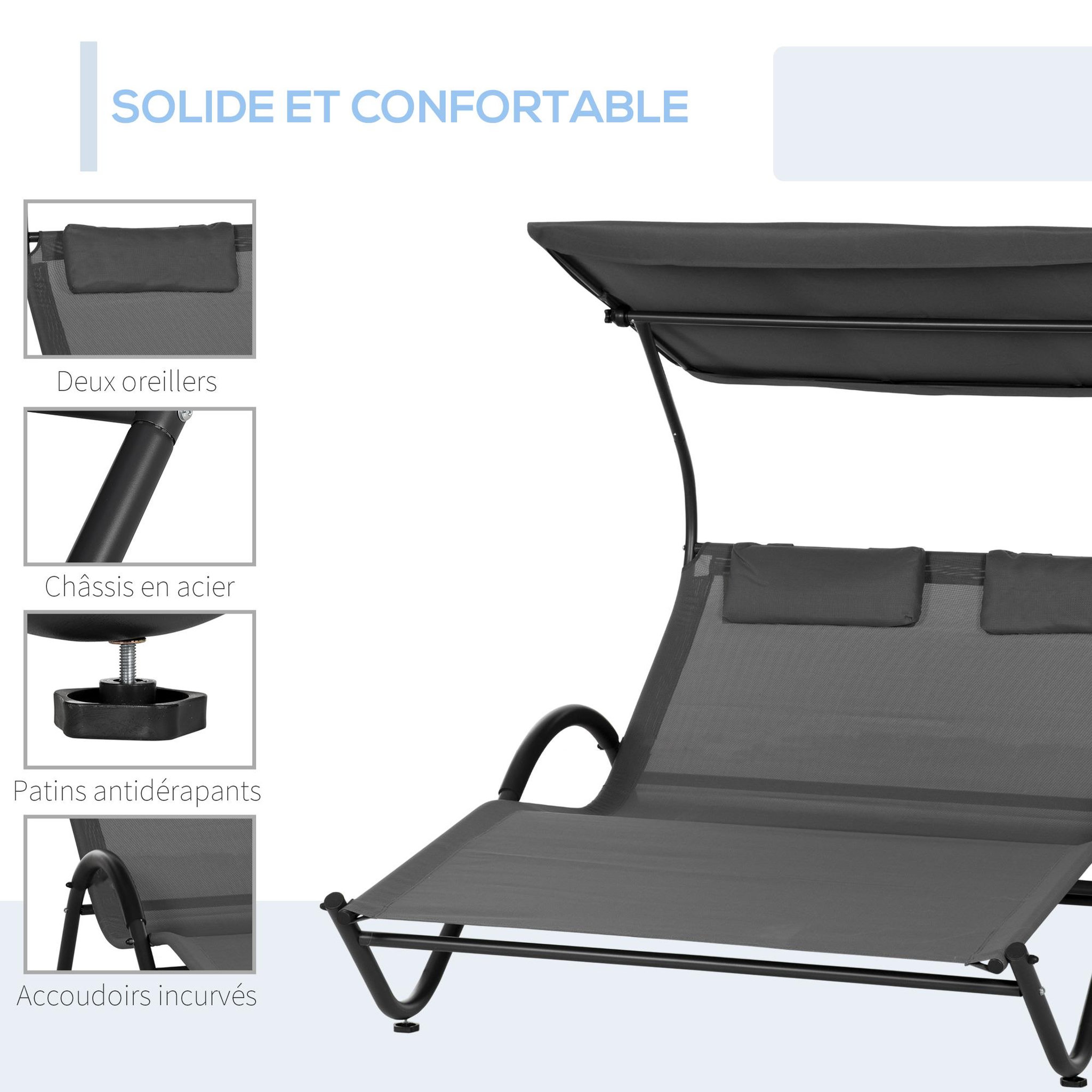 Voir la diapositive 6 : OUTSUNNY Balancelle de jardin 3 places grand confort toit inclinaison réglable épais coussins polyester acier époxy gris