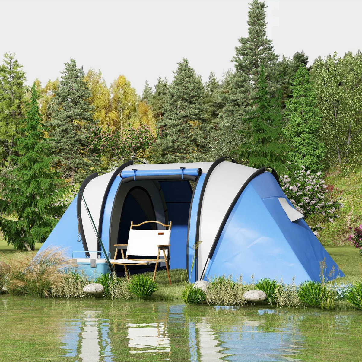 OUTSUNNY Tente de camping familiale 4-5 pers. 2 chambres 3 fenêtres sac bleu