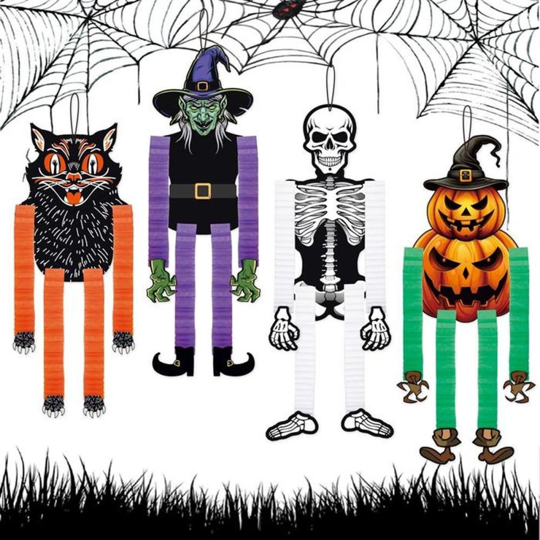 Décorations suspendues Halloween, tenture en découpes avec personnages effrayants multicolores (sorcière, squelette, chat, épouvantail citrouille)