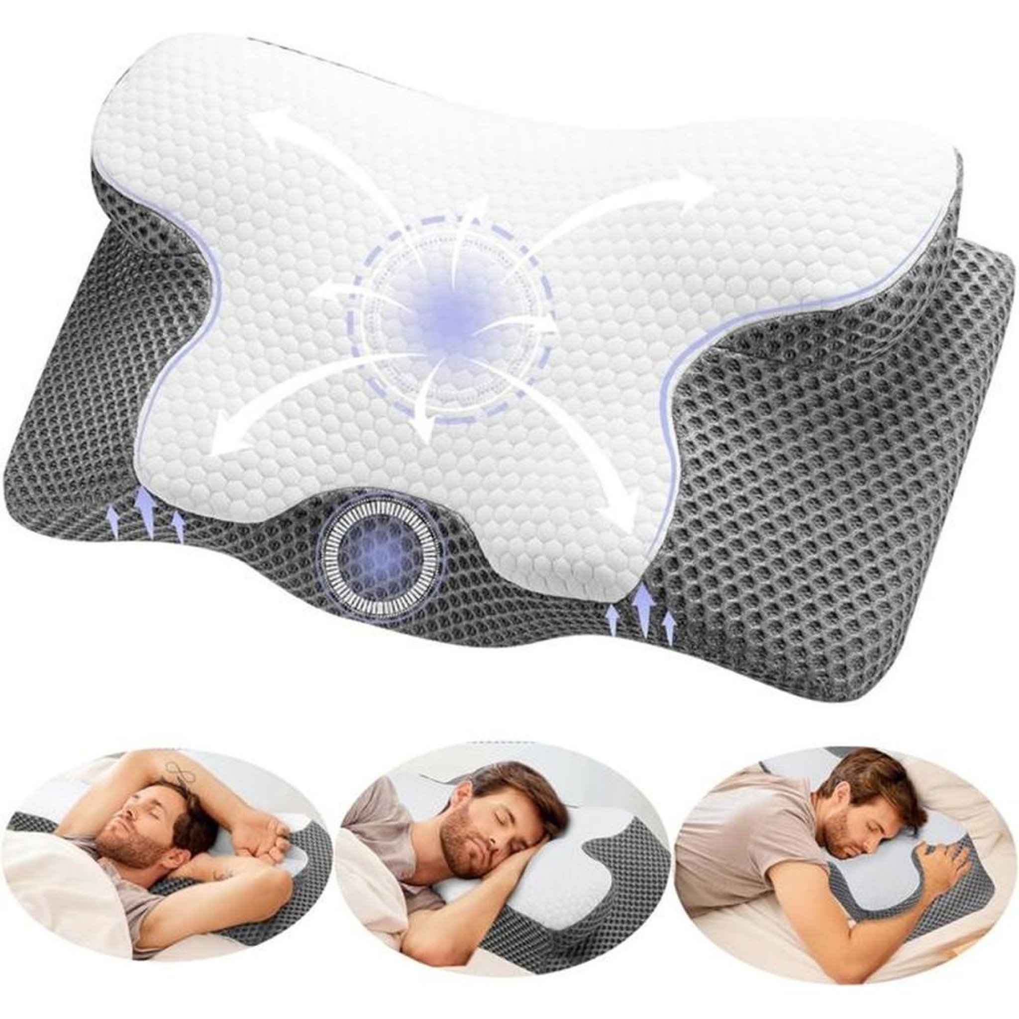Oreiller cervical ergonomique en mousse à mémoire de forme haute densité, soutien profilé pour nuque et épaules (60 x 34 x 10/13 cm), blanc et gris foncé