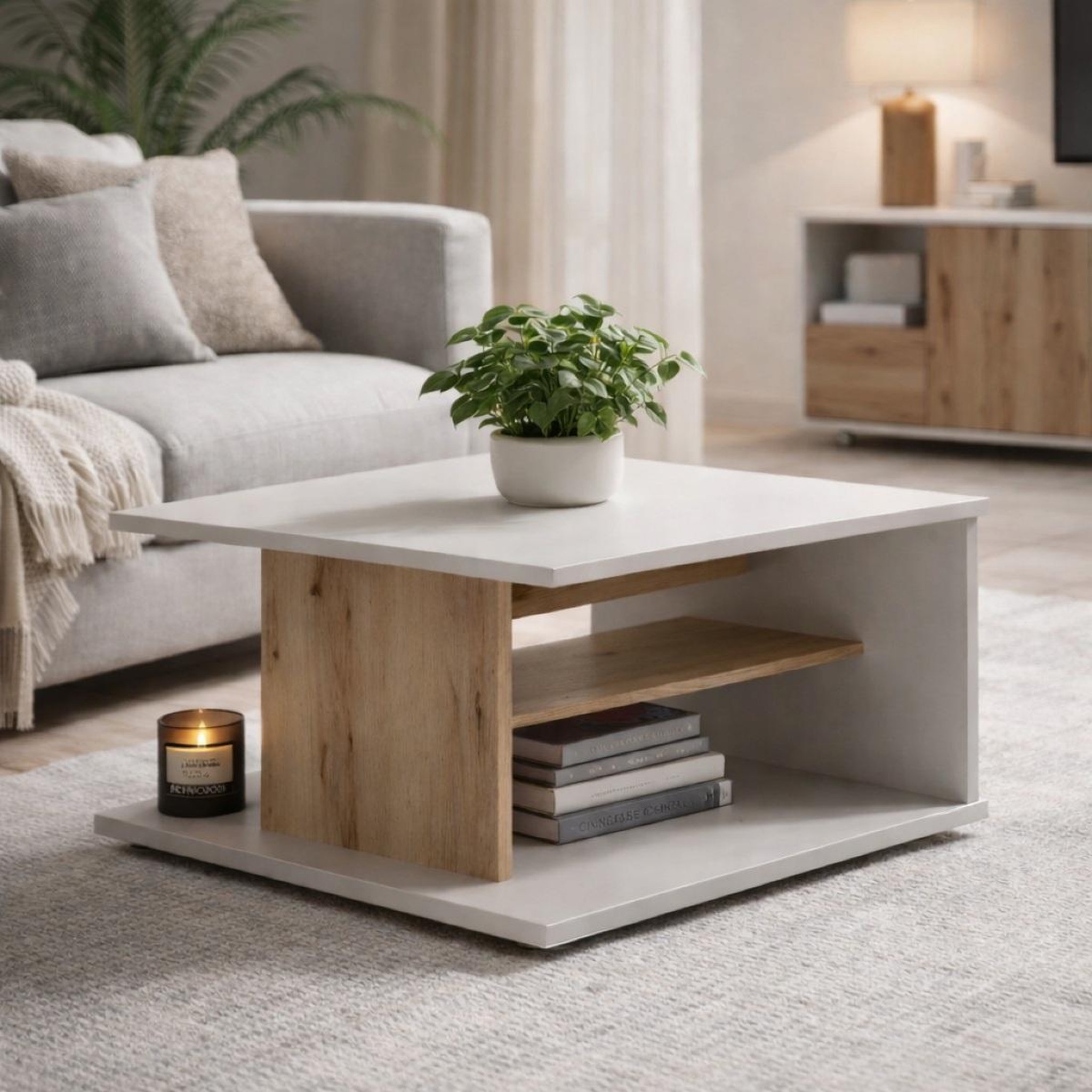 Voir la diapositive 2 : JLC KREATION Table basse carré beige et bois 60cm mila