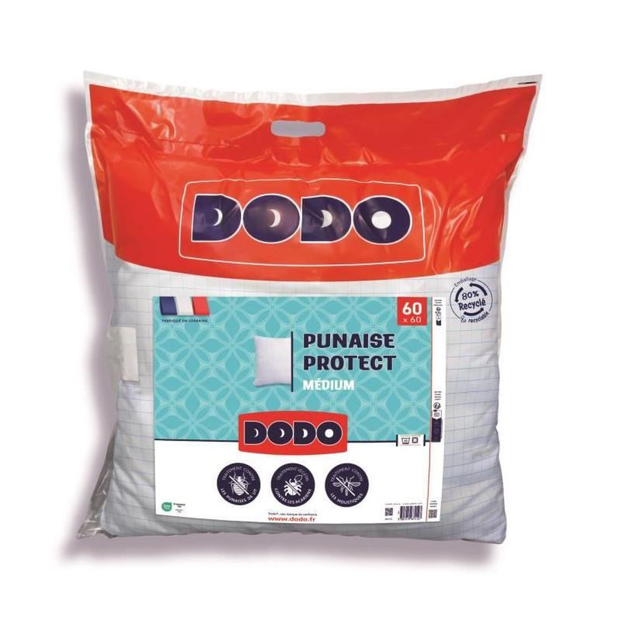 DODO Oreiller médium DODO 60x60 cm - Protection anti punaise, anti acarien - 550 gr - Blanc - Fabriqué en France
