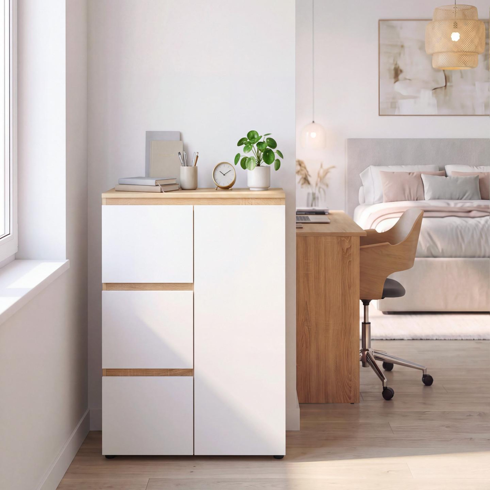 Voir la diapositive 6 : ID MARKET Meuble de rangement salle de bain tomi 3 tiroirs avec placard façon hêtre et blanc