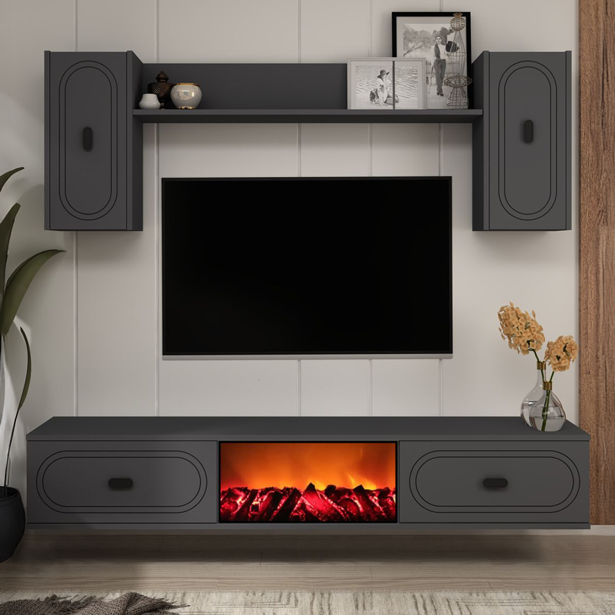 Voir la diapositive 2 : CONCEPT USINE Ensemble meuble tv avec étagères murales et cheminée led 150cm gris anthracite vibra