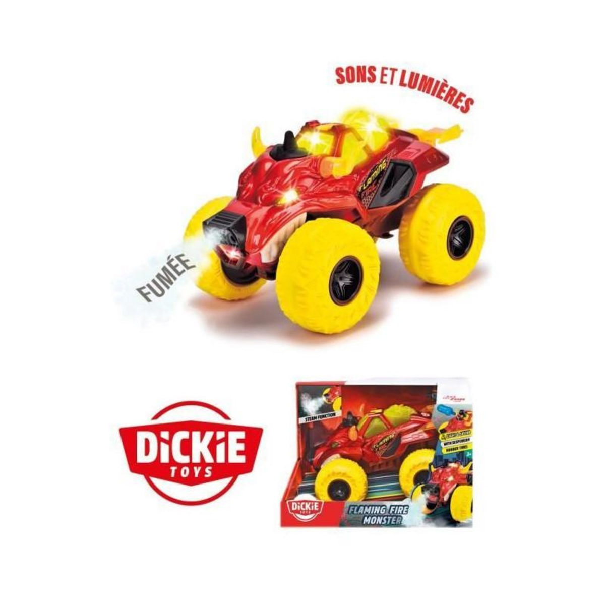 Dickie Dickie - Monster Flammin Fire - Véhicule 25cm - Fonction fumée (vapeur) - Sons et lumieres