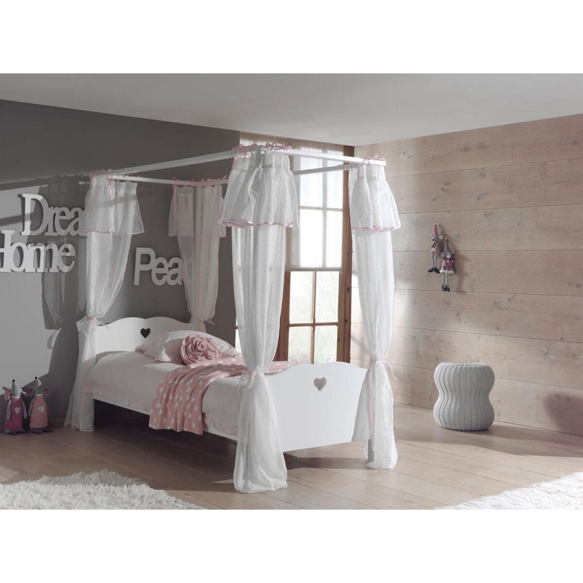 Vipack AMORI Lit simple à baldaquin  90x200cm laqué blanc + rideau de lit